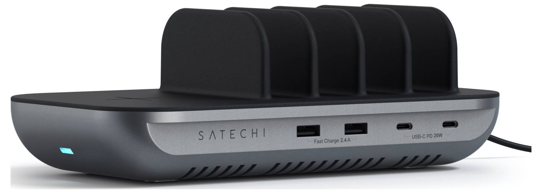 Ladestation mit mehreren USB-Anschlüssen zum gleichzeitigen Laden von Geräten. Markenname 'Satechi' auf der Vorderseite.