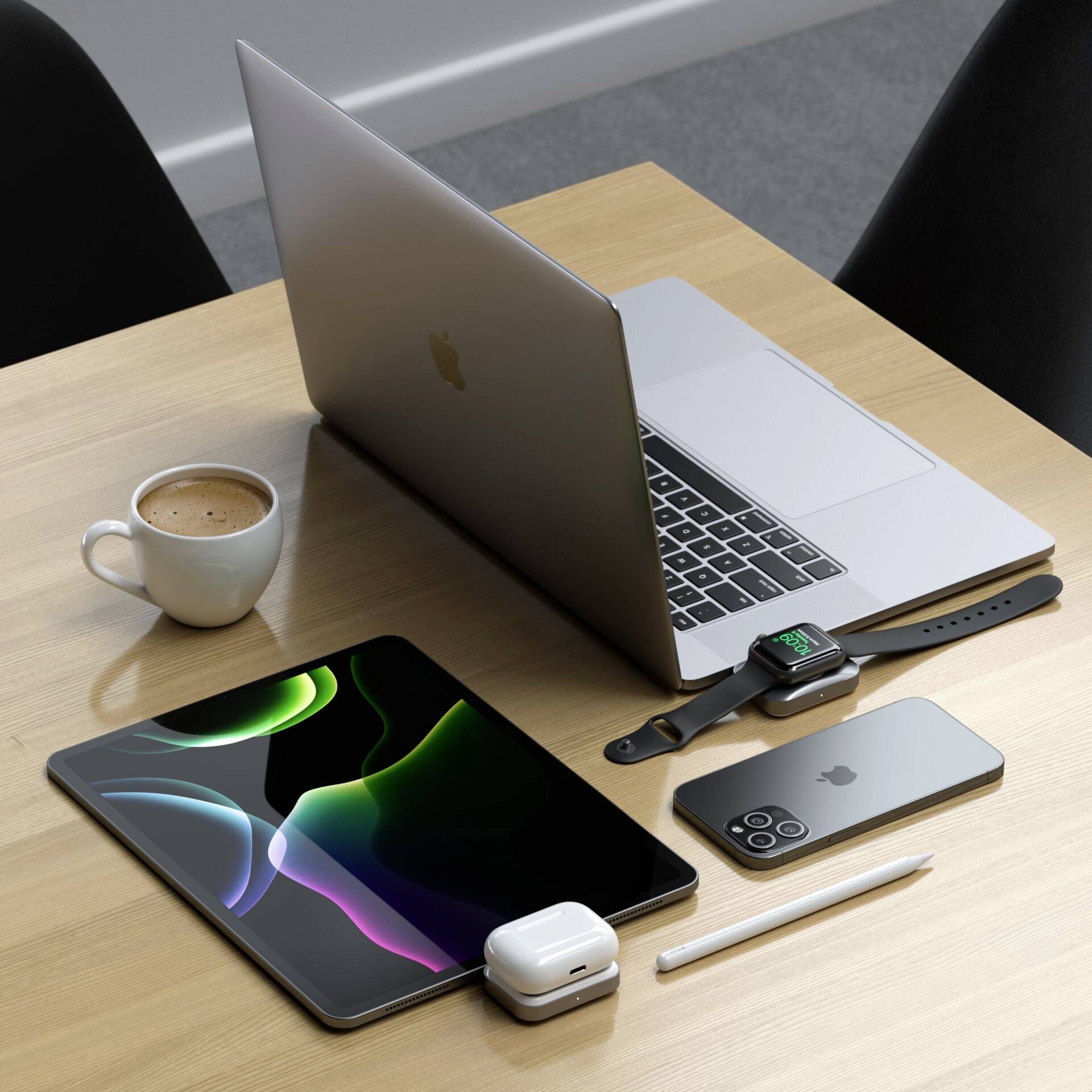 Laptop, Smartphone, Tablet und Smartwatch auf einem Tisch mit einer Tasse Kaffee. Alle Geräte zeigen moderne Technik in einem Arbeitsumfeld.