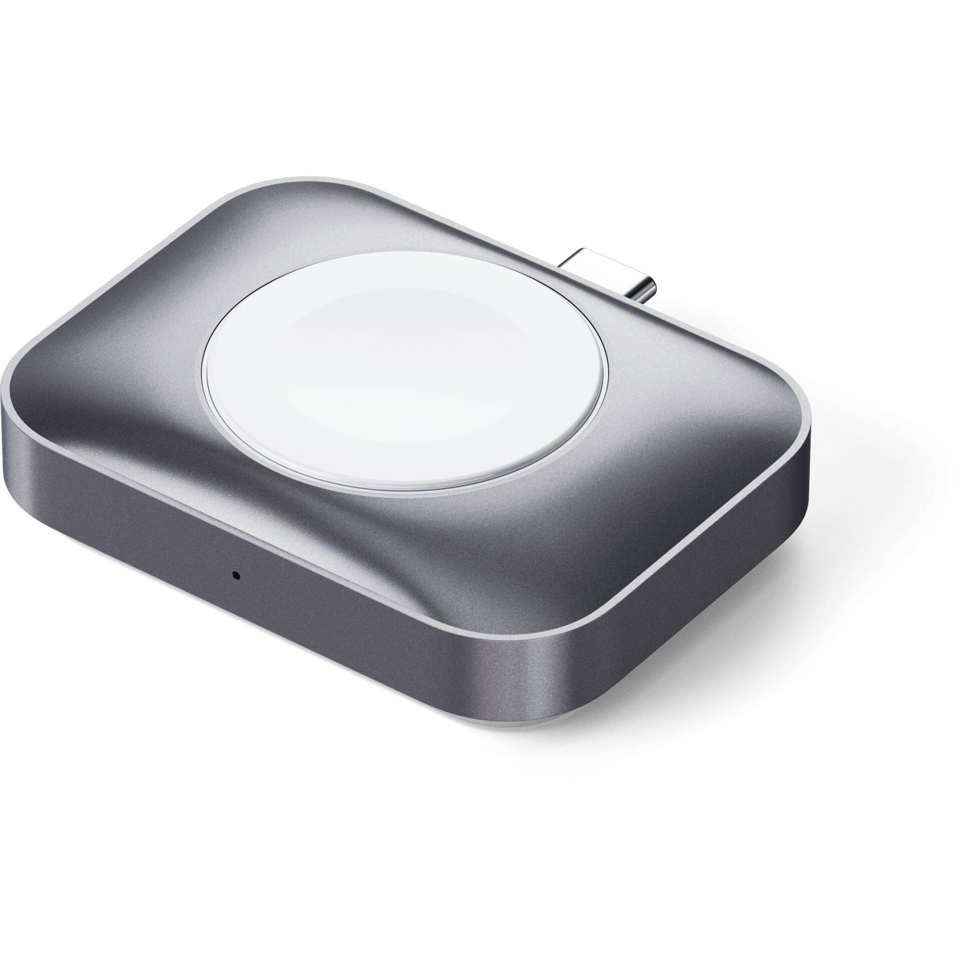 Ein quadratisches Ladegerät mit USB-C-Anschluss und einer runden, erhöhten Ladefläche in der Mitte. Geeignet für kabelloses Laden.