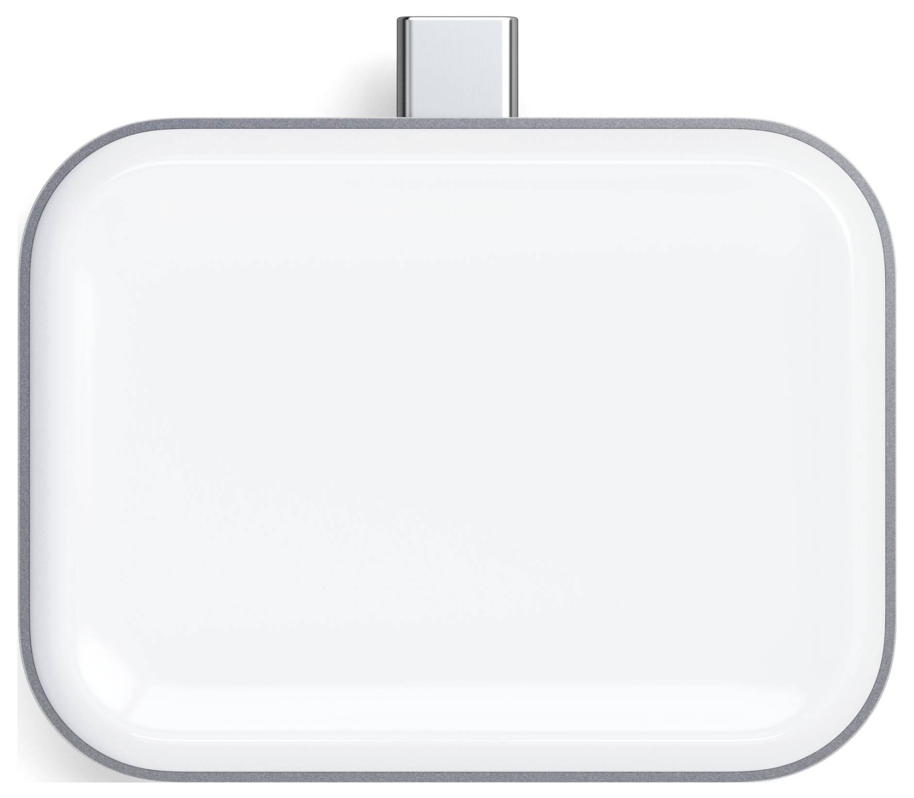 Ein weißes, rechteckiges Ladegerät mit abgerundeten Ecken und einem USB-C-Anschluss an der Oberseite.