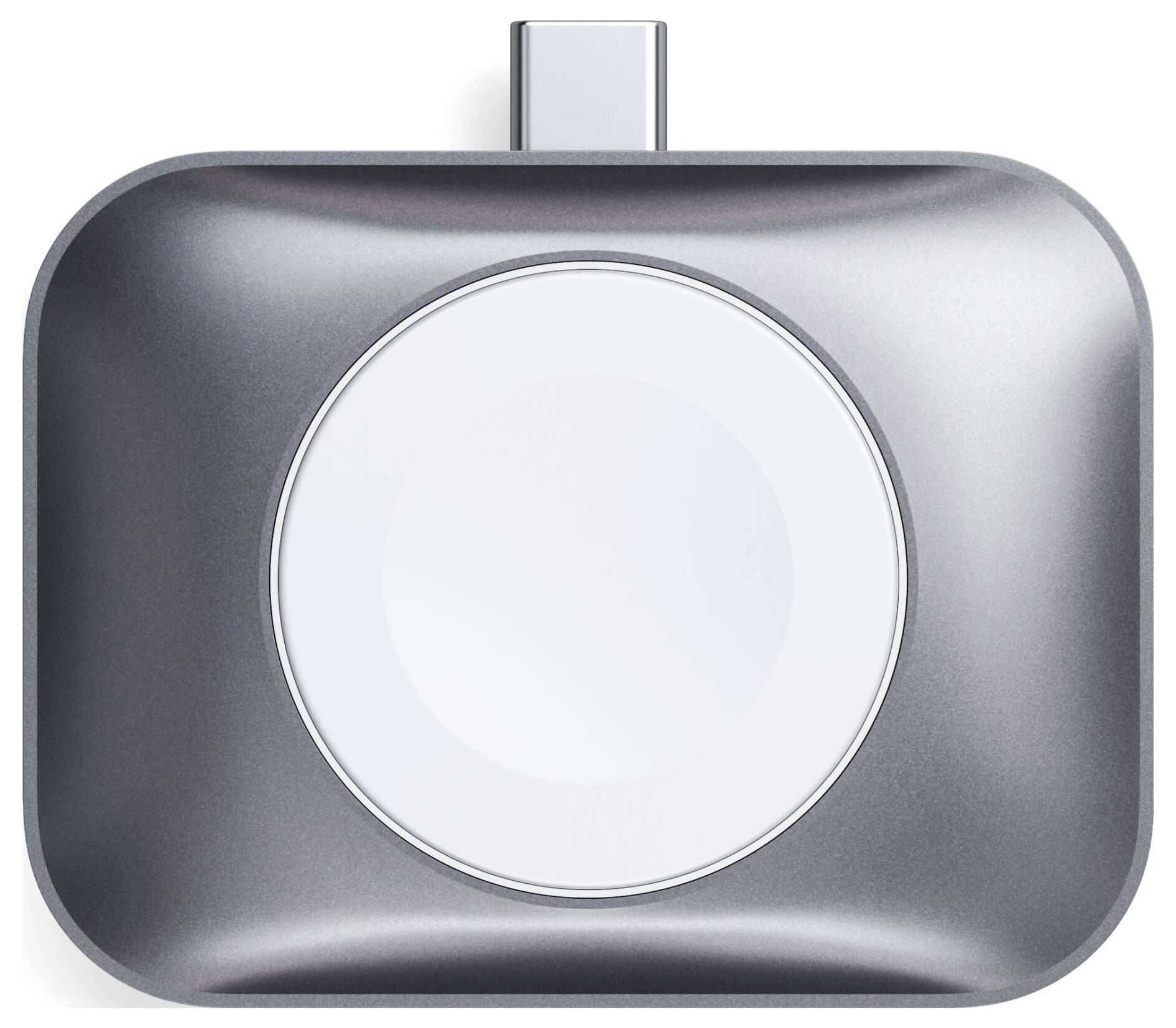 Tragbares Ladegerät mit USB-C-Anschluss und kreisförmiger Ladefläche, geeignet für mobile Geräte.