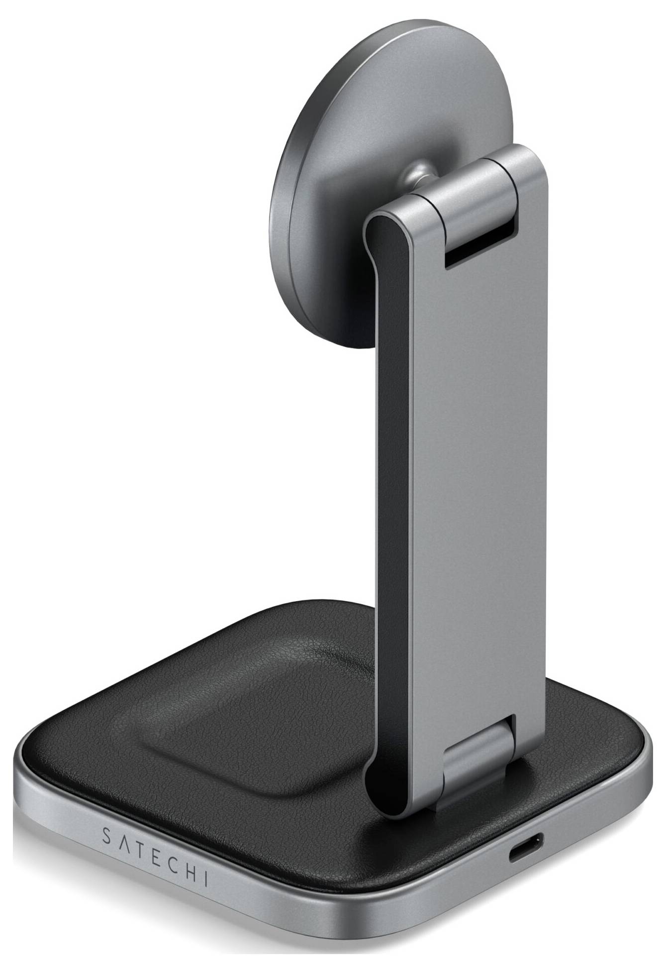 Ein grauer, zusammenklappbarer Handyhalter von Satechi mit Ladeanschluss, auf einem schwarzen Standfuß. Ideal für Schreibtische.