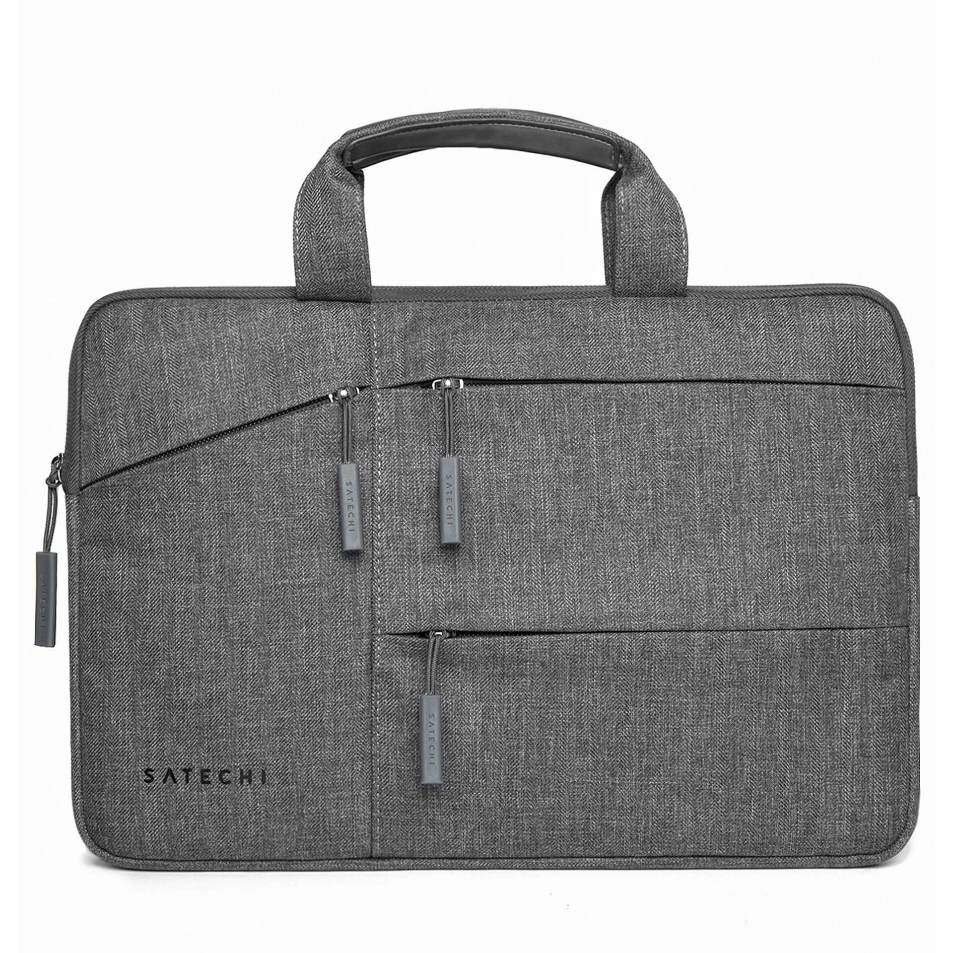 Graue Laptoptasche mit zwei Reißverschlusstaschen vorne und Tragegriffen, geeignet für den sicheren Transport tragbarer Geräte.