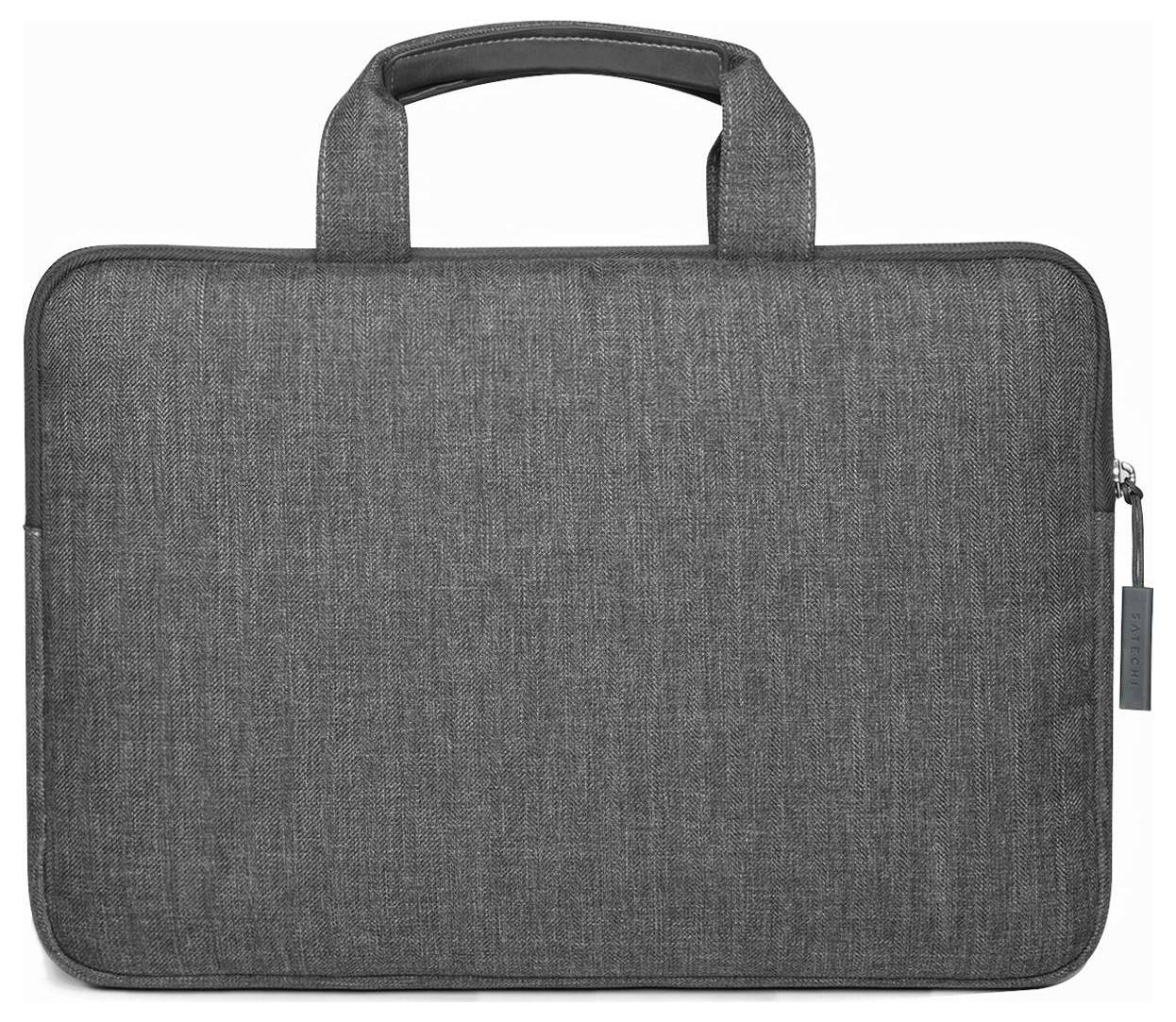 Graue Laptop-Tasche aus Stoff mit Tragegriffen und Reißverschluss, schlichtes Design, geeignet für den sicheren Transport eines Laptops.
