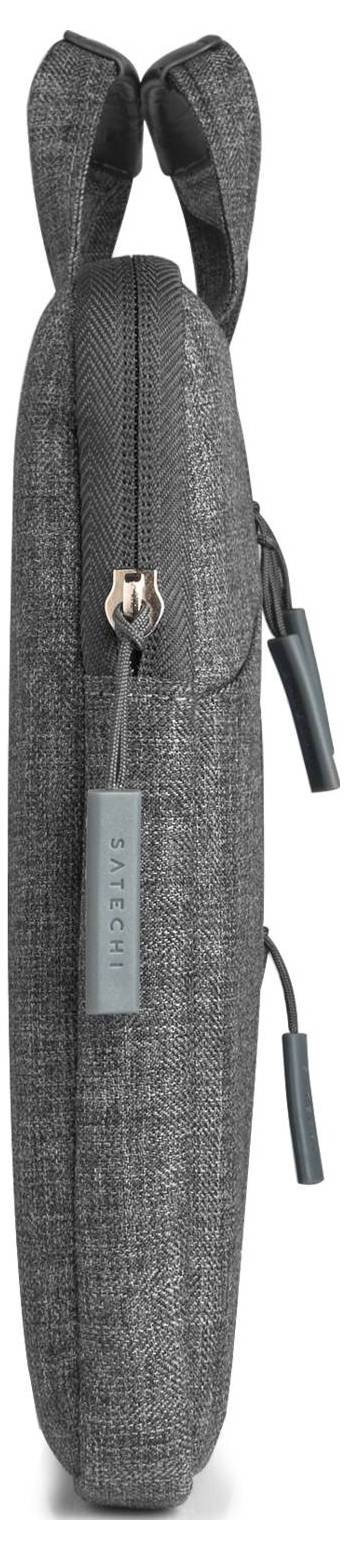 Graue Laptoptasche, seitlich gesehen, mit zwei Reißverschlüssen und Tragehenkeln, designed für sicheren Transport von Laptops.