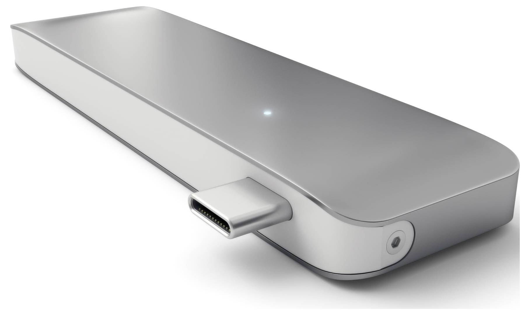 Ein silbernes USB-C-Dockingstation-Gerät mit einem schlanken, länglichen Design. Es bietet Anschlussmöglichkeiten für verschiedene Geräte.