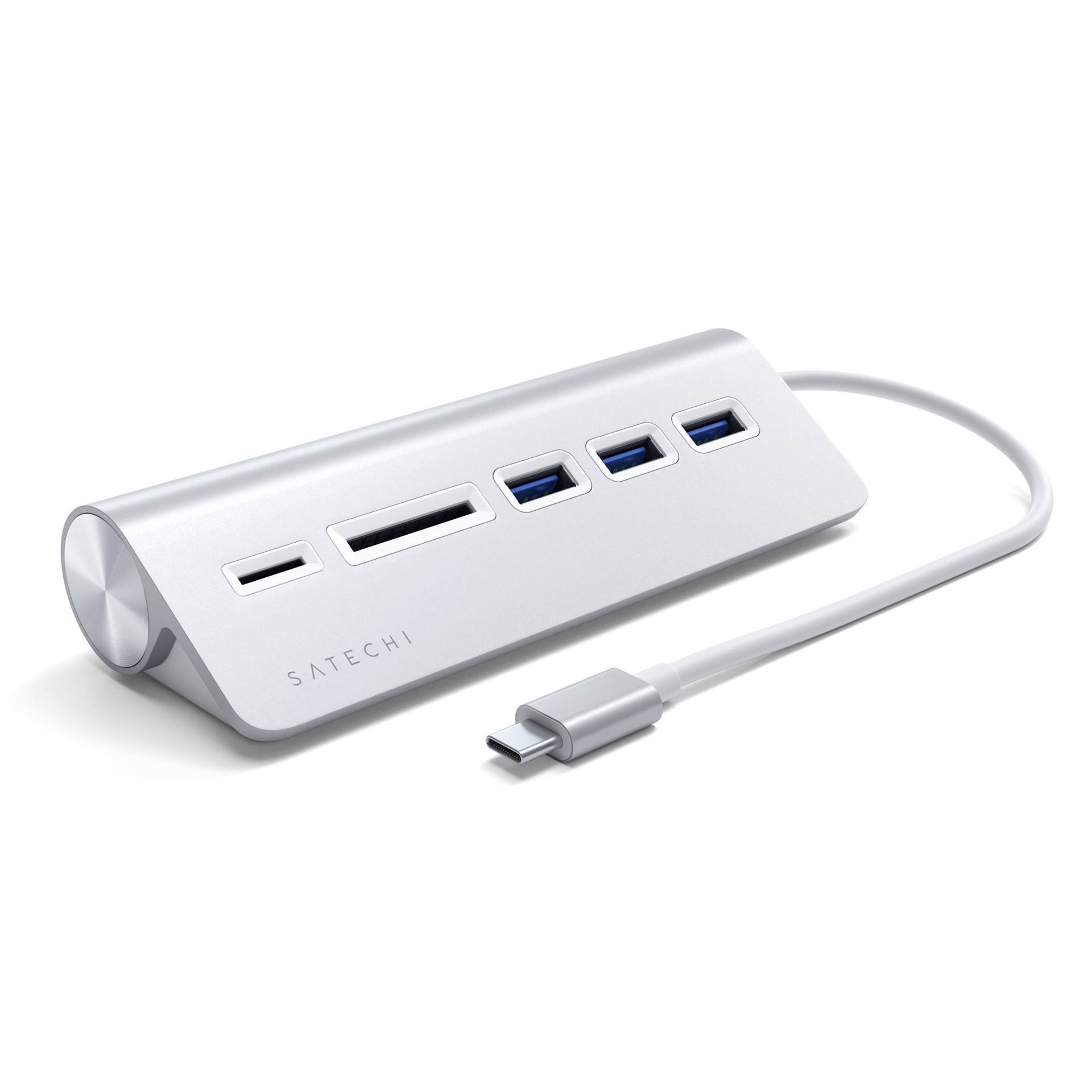 USB-C Hub mit vier Anschlüssen: zwei USB 3.0, SD-Karten- und MicroSD-Kartenleser. Grau, rundes Design mit kleinem USB-C-Kabel.