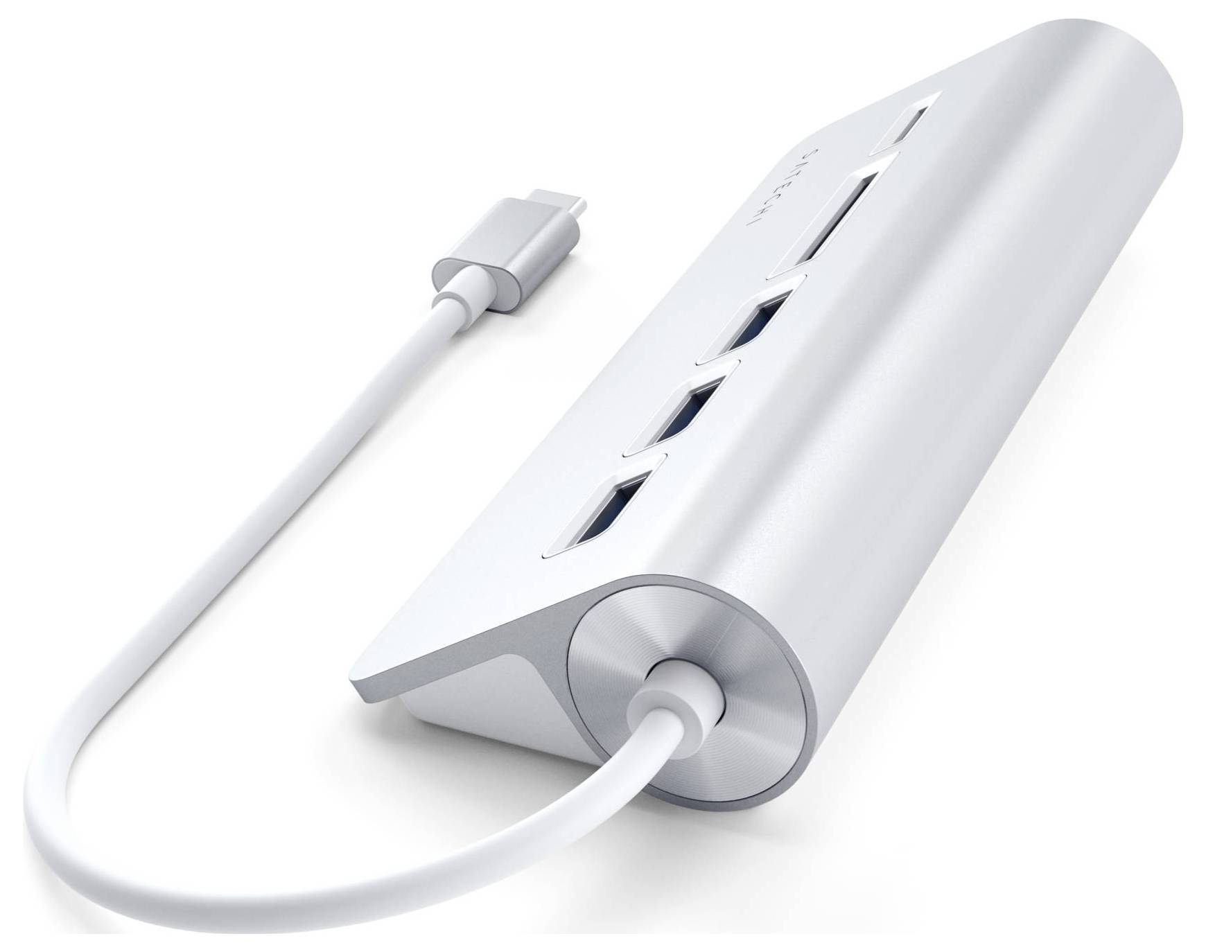 Ein silberner USB-C-Hub mit drei USB-Anschlüssen. Ein USB-C-Kabel ist an einem Ende des Hubs befestigt.