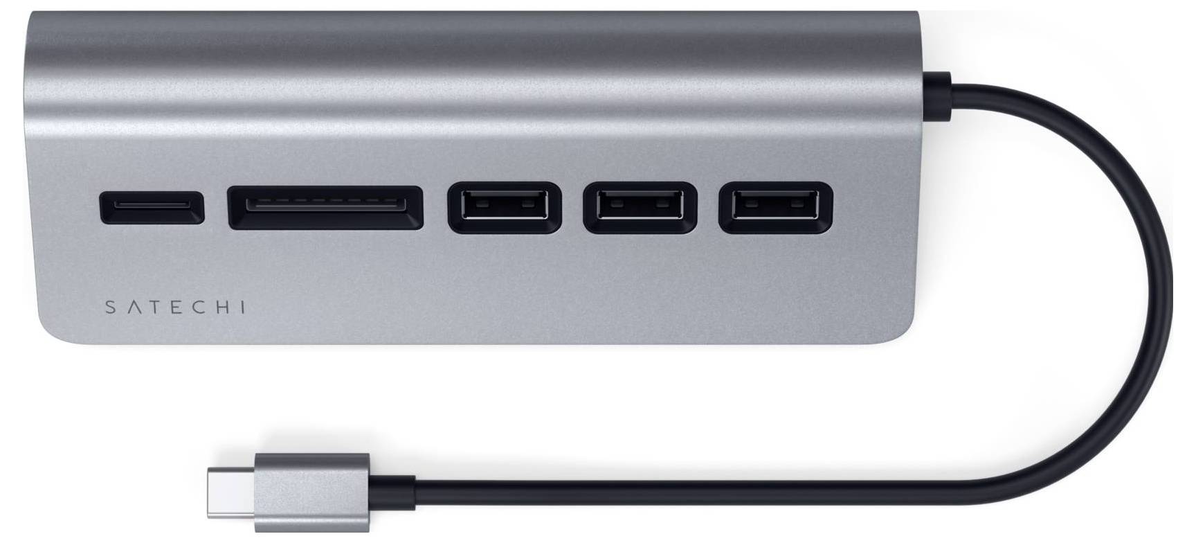 USB-C-Hub mit mehreren Anschlüssen: drei USB-A, ein Kartenleser und HDMI. Dient zur Verbindung verschiedener Geräte mit einem Computer.