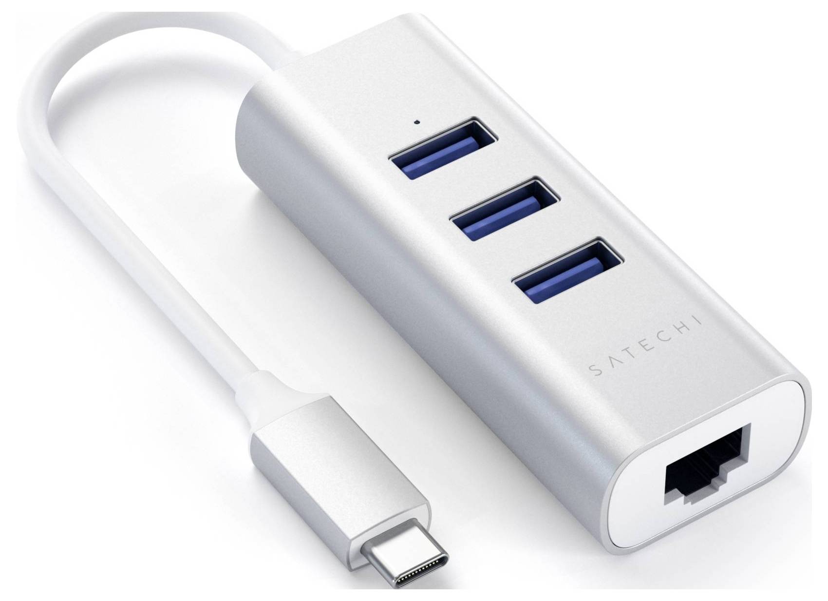 Ein silberner USB-C-Adapter mit drei USB-3.0-Anschlüssen und einem Ethernet-Anschluss, ideal zur Erweiterung von Anschlussmöglichkeiten.