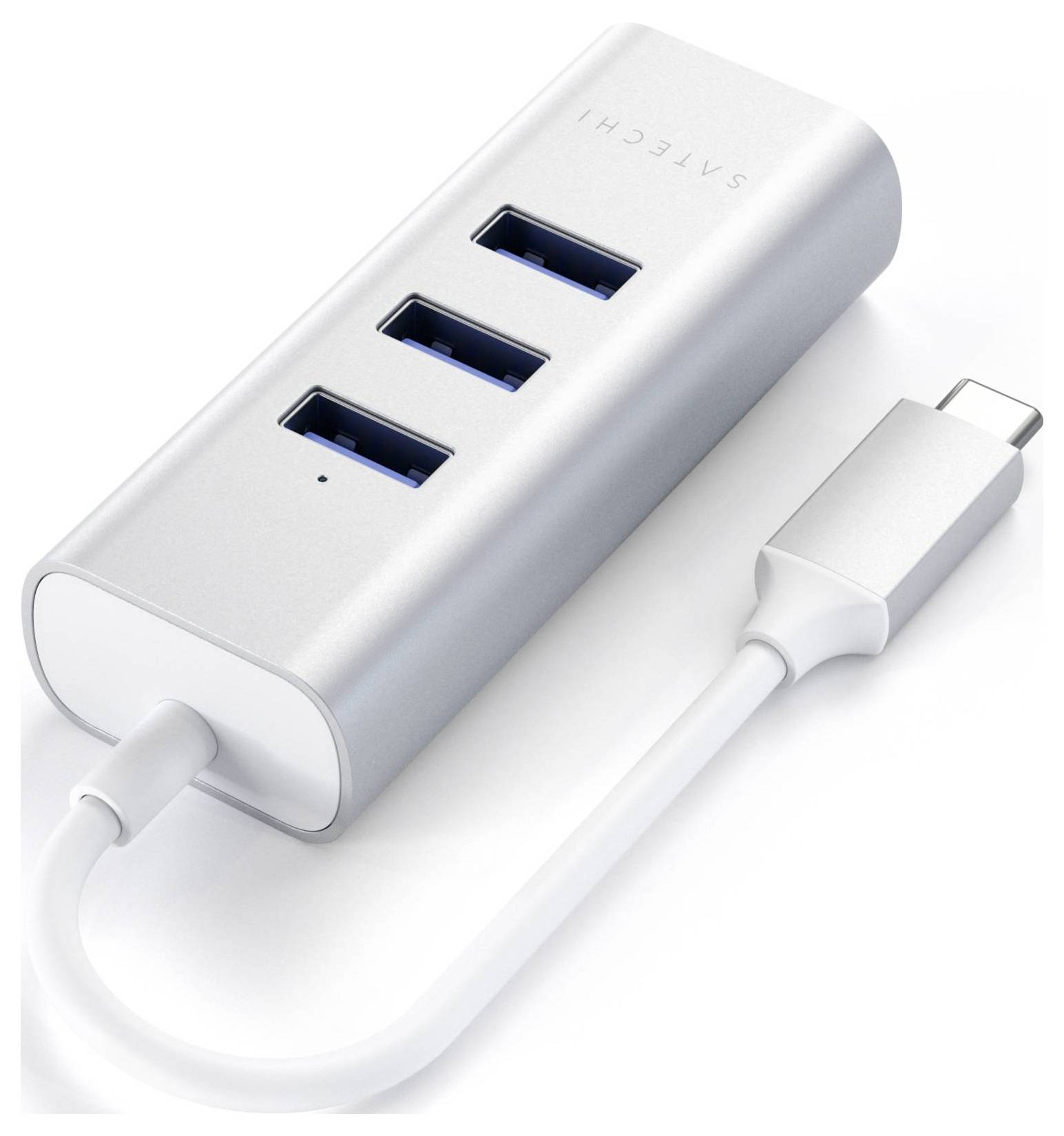 Silberner USB-Hub mit drei USB-Anschlüssen und einem USB-C-Kabel, ideal zum Anschluss mehrerer Geräte an einen Computer.
