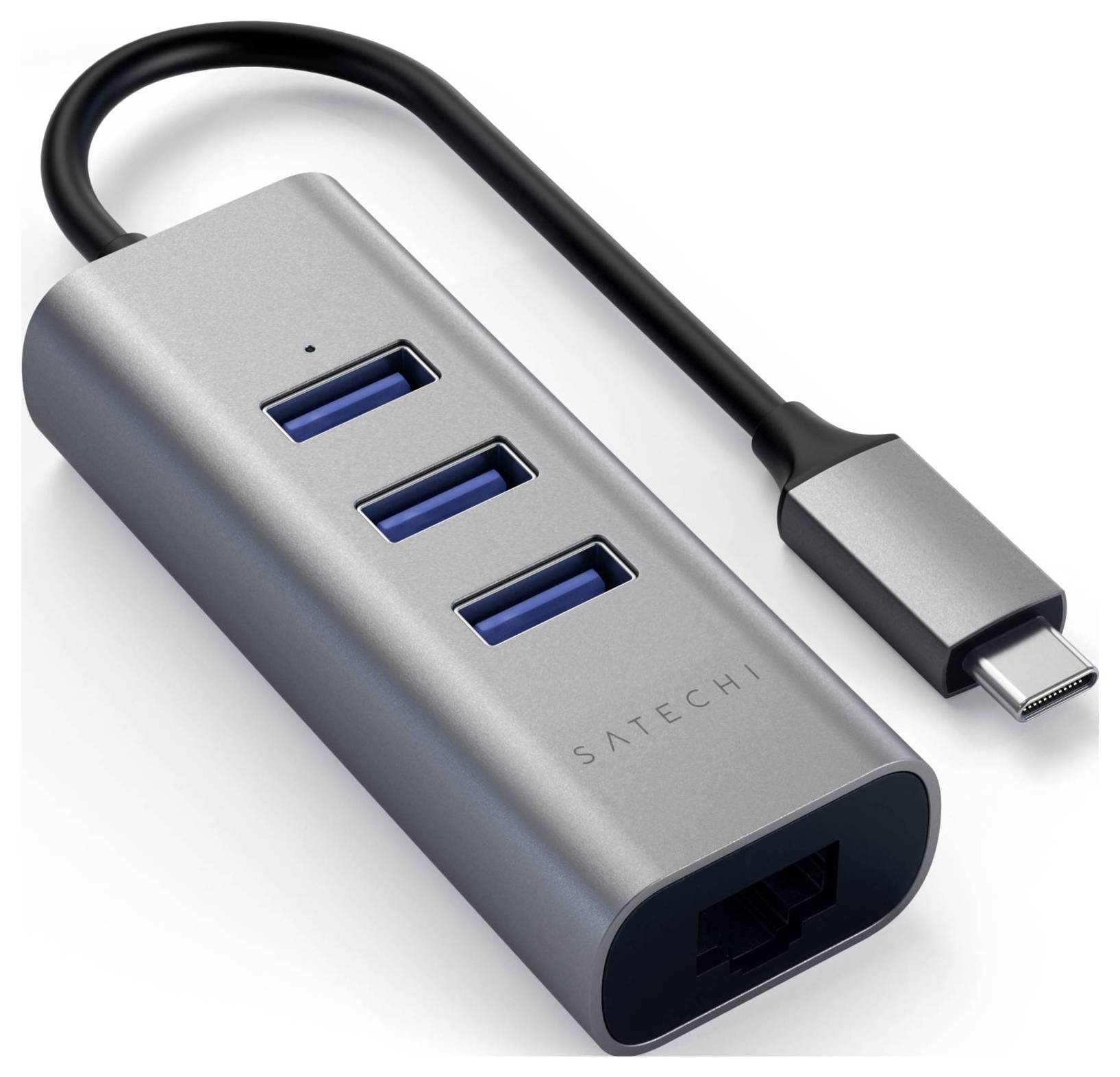USB-C-Hub mit drei USB-Anschlüssen und einem Ethernet-Port, geeignet für die Erweiterung von Computerverbindungen und Netzwerkkonnektivität.