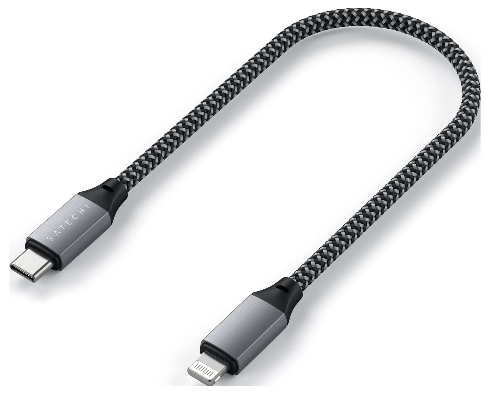 Ein geflochtenes Ladekabel mit USB-C- und Lightning-Anschluss.