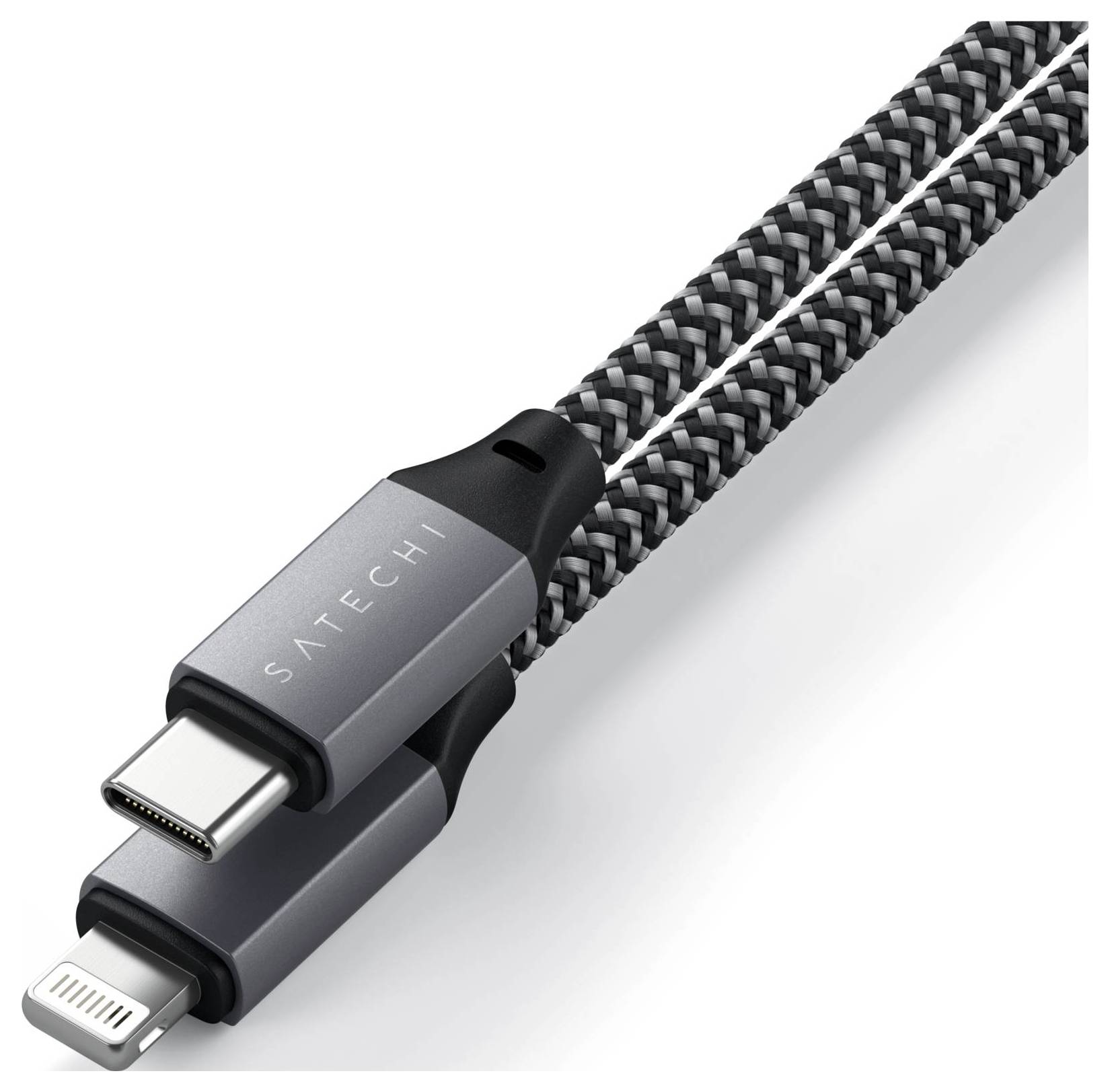 Ein geflochtenes Kabel mit USB-C- und Lightning-Anschluss, geeignet zum Laden und Datenaustausch für kompatible Geräte.