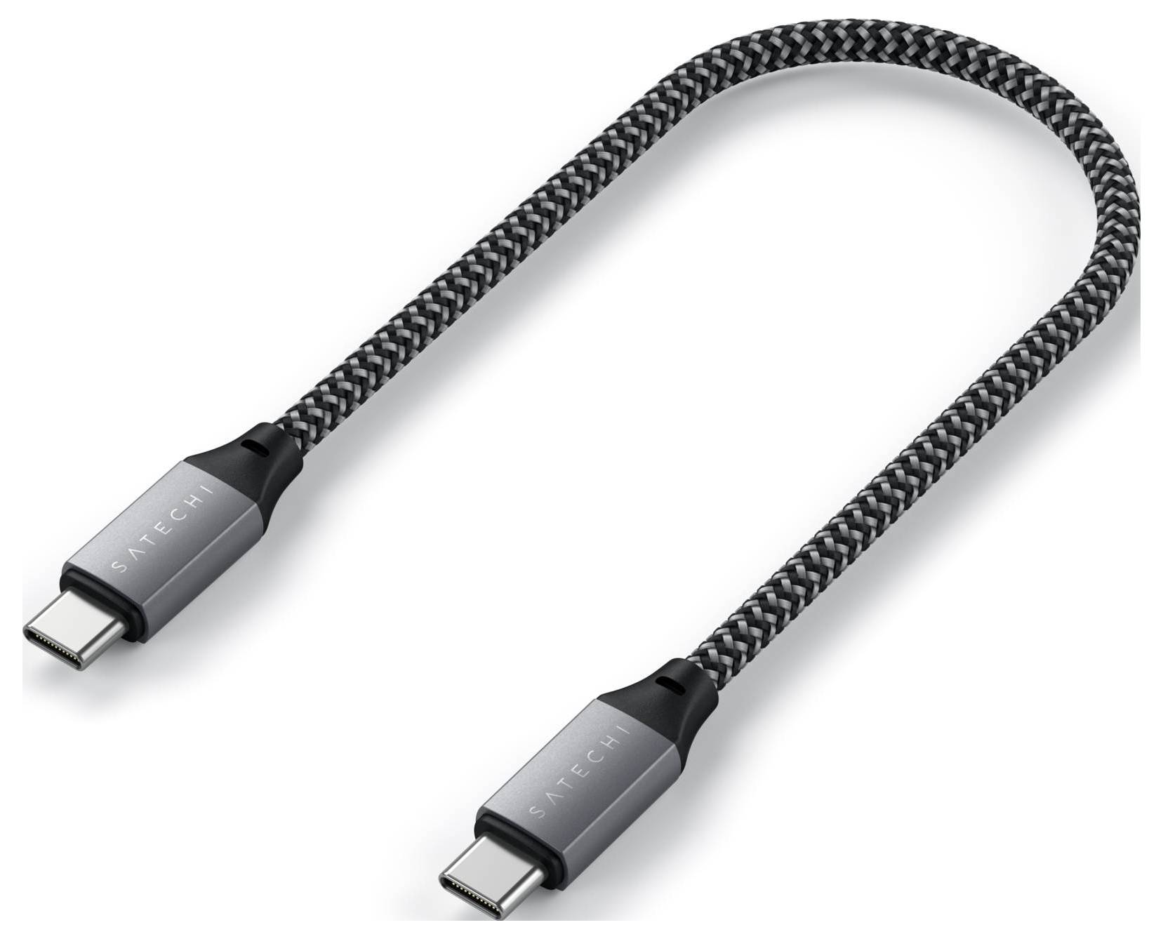 Ein geflochtenes USB-C-Kabel mit zwei Anschlüssen, silber-schwarzes Design, markiert mit 'Satechi', geeignet für Datentransfer und Ladung.