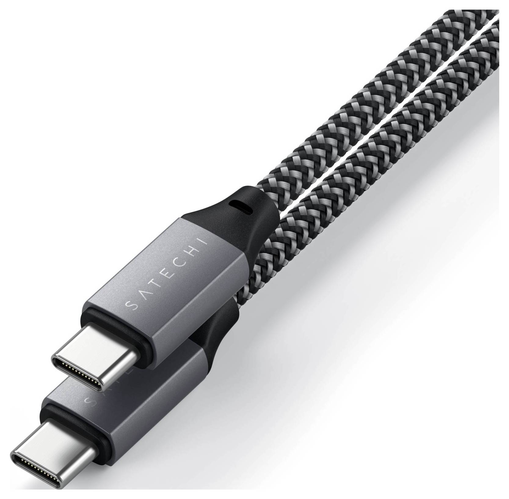 USB-C-Kabel mit geflochtener Nylonummantelung und silbernem Gehäuse, Aufschrift 'Satechi'.