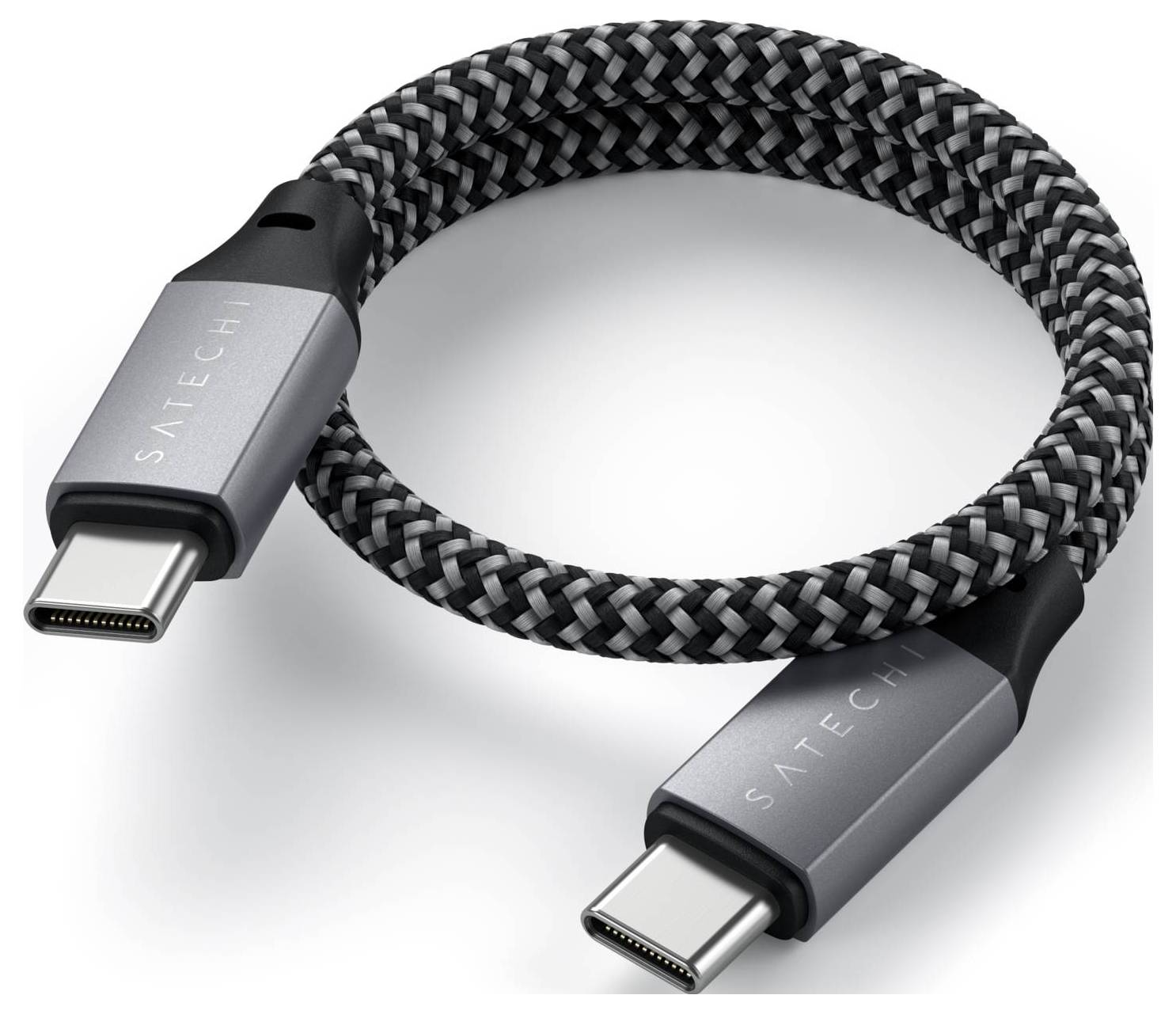 Ein geflochtenes USB-C-Kabel mit silbernen Steckern, geeignet zum Laden und zur Datenübertragung.
