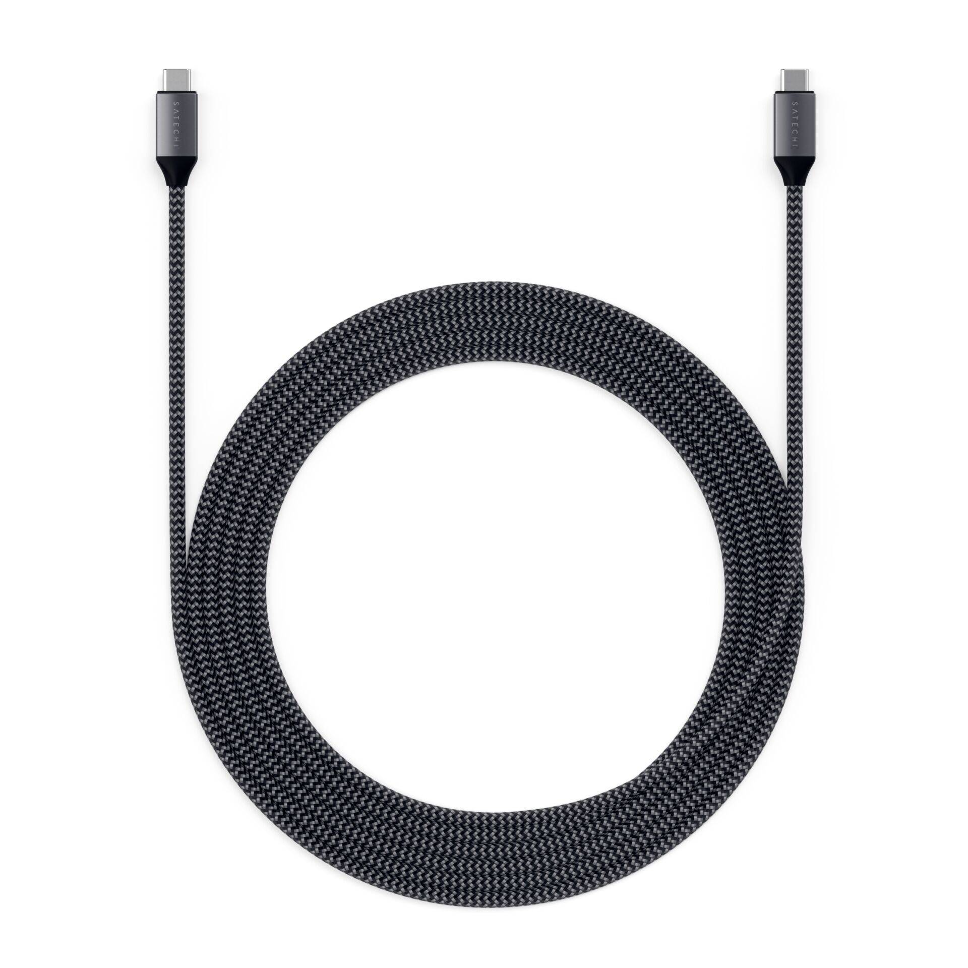 USB-C Ladekabel mit geflochtenem Design, schwarz, beide Enden mit USB-C Steckern. Geeignet für schnelles Laden und Datentransfer.