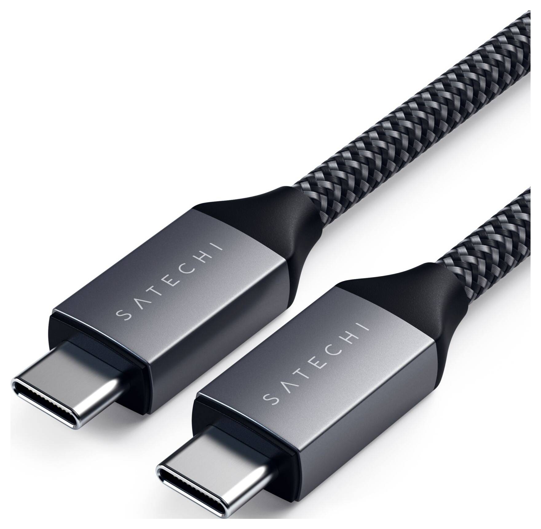 Zwei USB-C-Kabel mit geflochtenem Design und der Aufschrift 'Satechi' auf den Steckern, geeignet für Datenübertragung und Ladegeräte.
