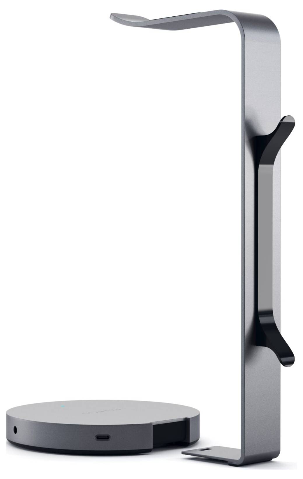 Minimalistischer Kopfhörerständer aus Metall mit runder Basis. Elegantes, modernes Design für Büro oder Zuhause.