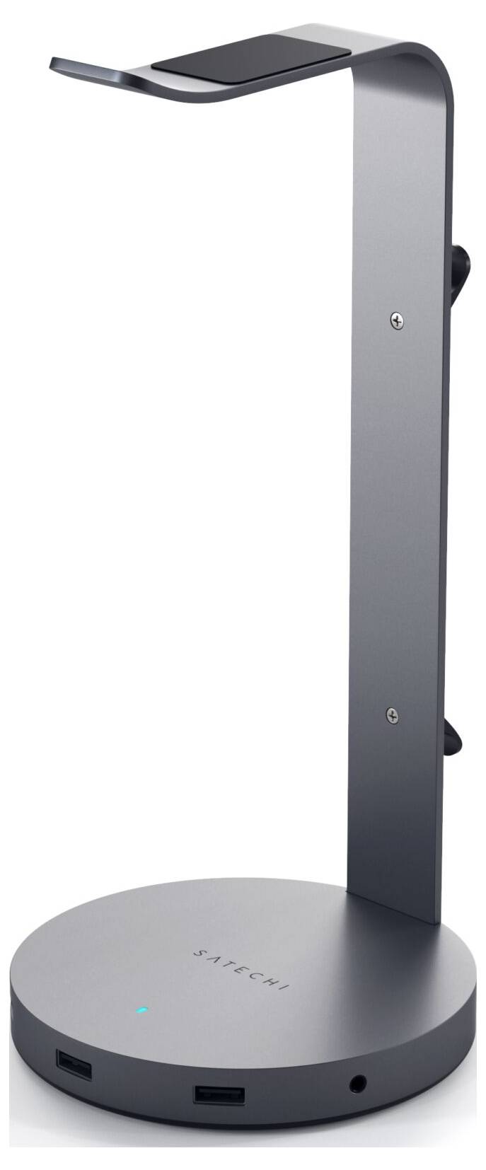 Ein grauer Kopfhörerständer mit USB-Anschlüssen an der Basis. Perfekt für das platzsparende Aufbewahren von Kopfhörern.