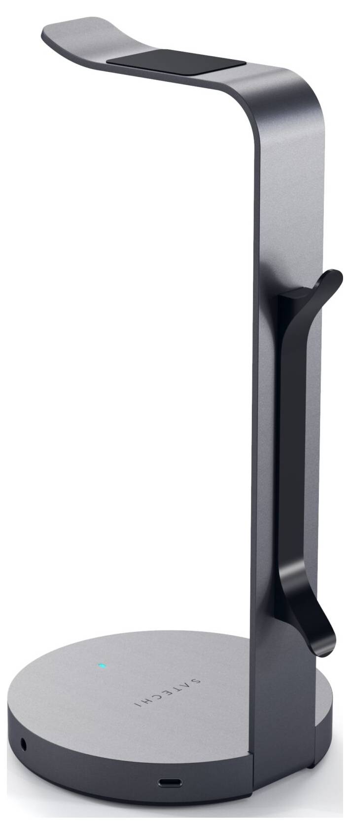 Ein eleganter, moderner Kopfhörerständer aus Metall mit rundem Boden und geschwungenem Bügel, ideal zur sicheren Aufbewahrung von Kopfhörern.