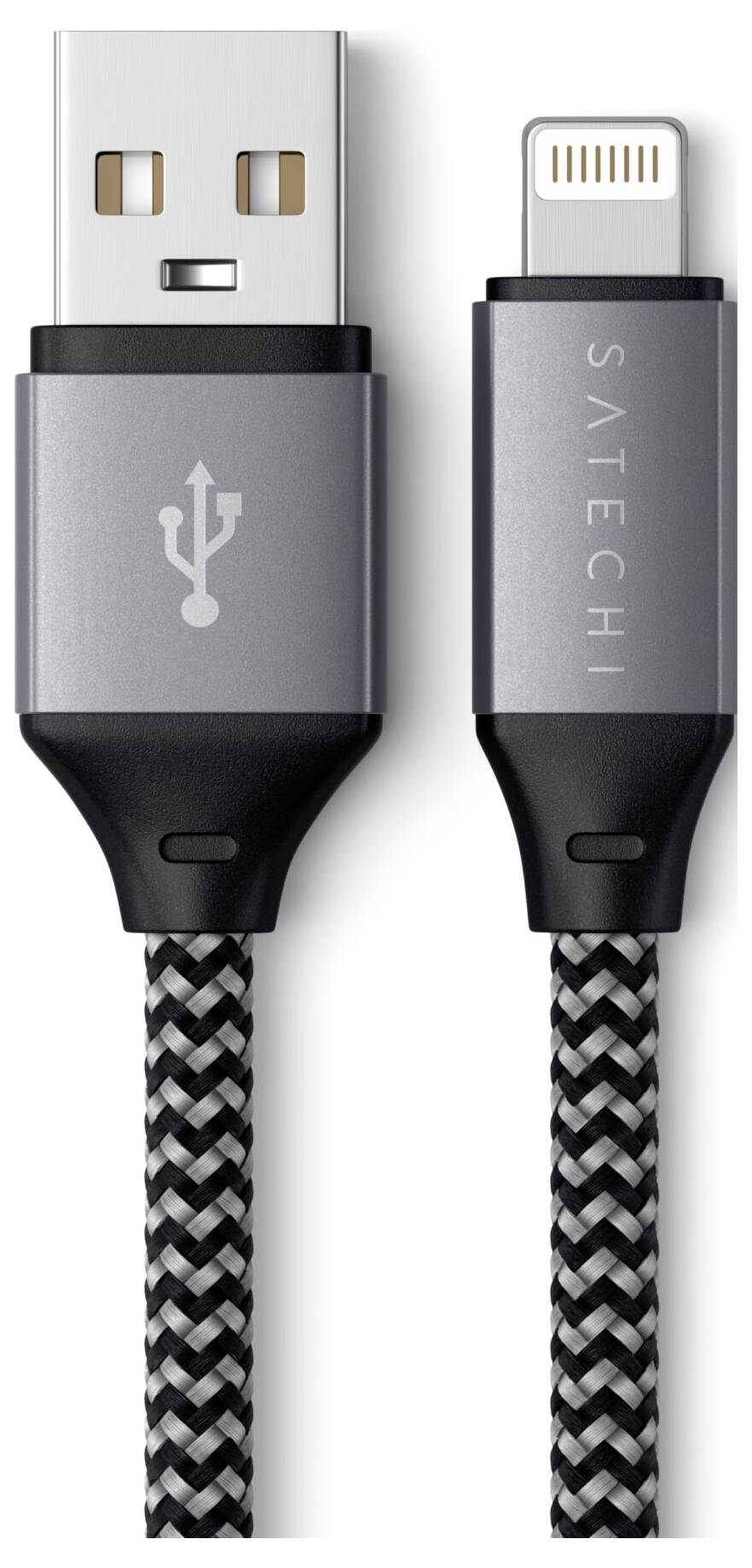 USB-zu-Lightning-Kabel mit geflochtenem Textilmantel, robustes Design, geeignet zum Aufladen und Synchronisieren von Apple-Geräten.
