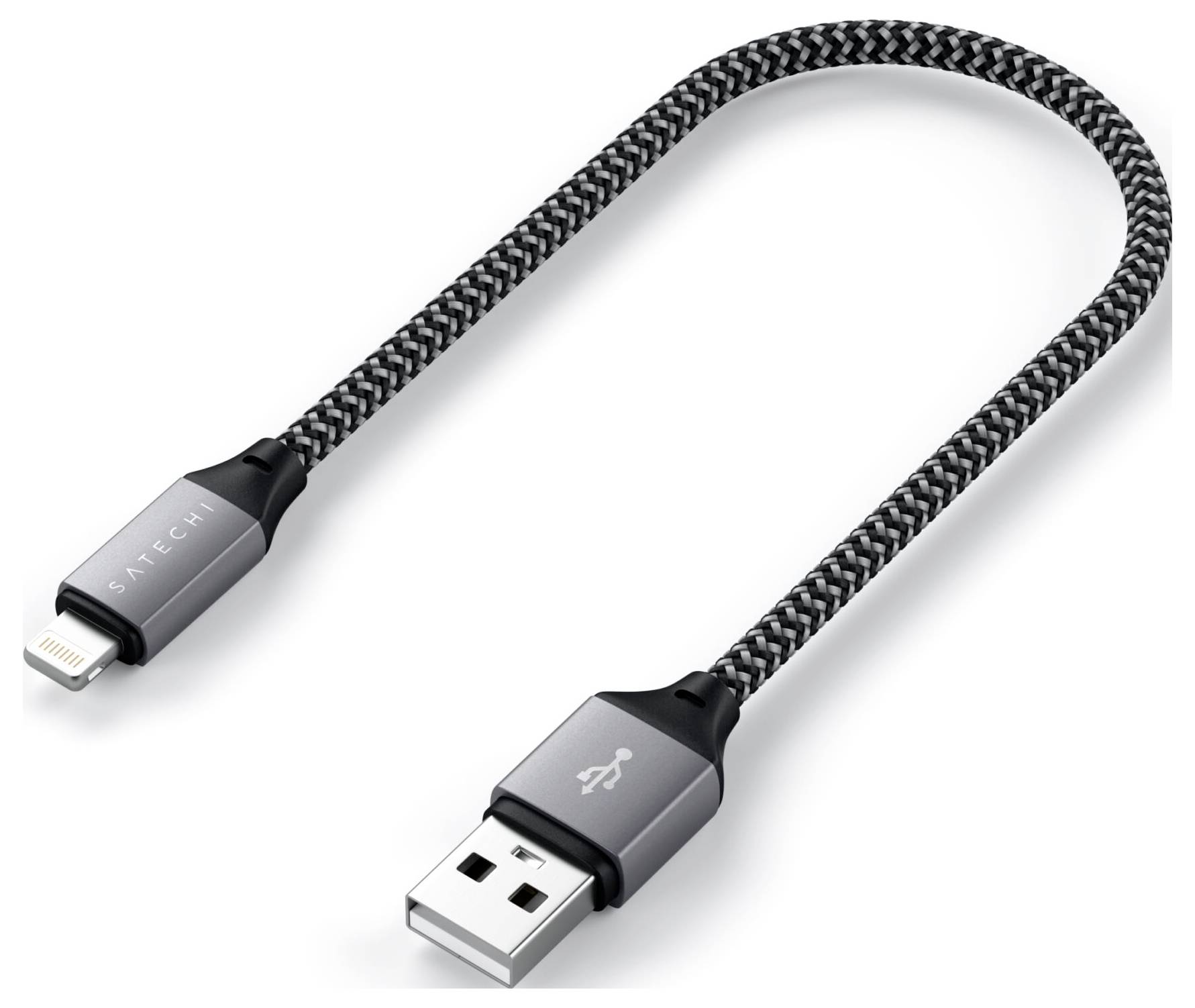 Ein geflochtenes USB-Kabel mit einem USB-Anschluss auf einer Seite und einem Lightning-Anschluss auf der anderen Seite.