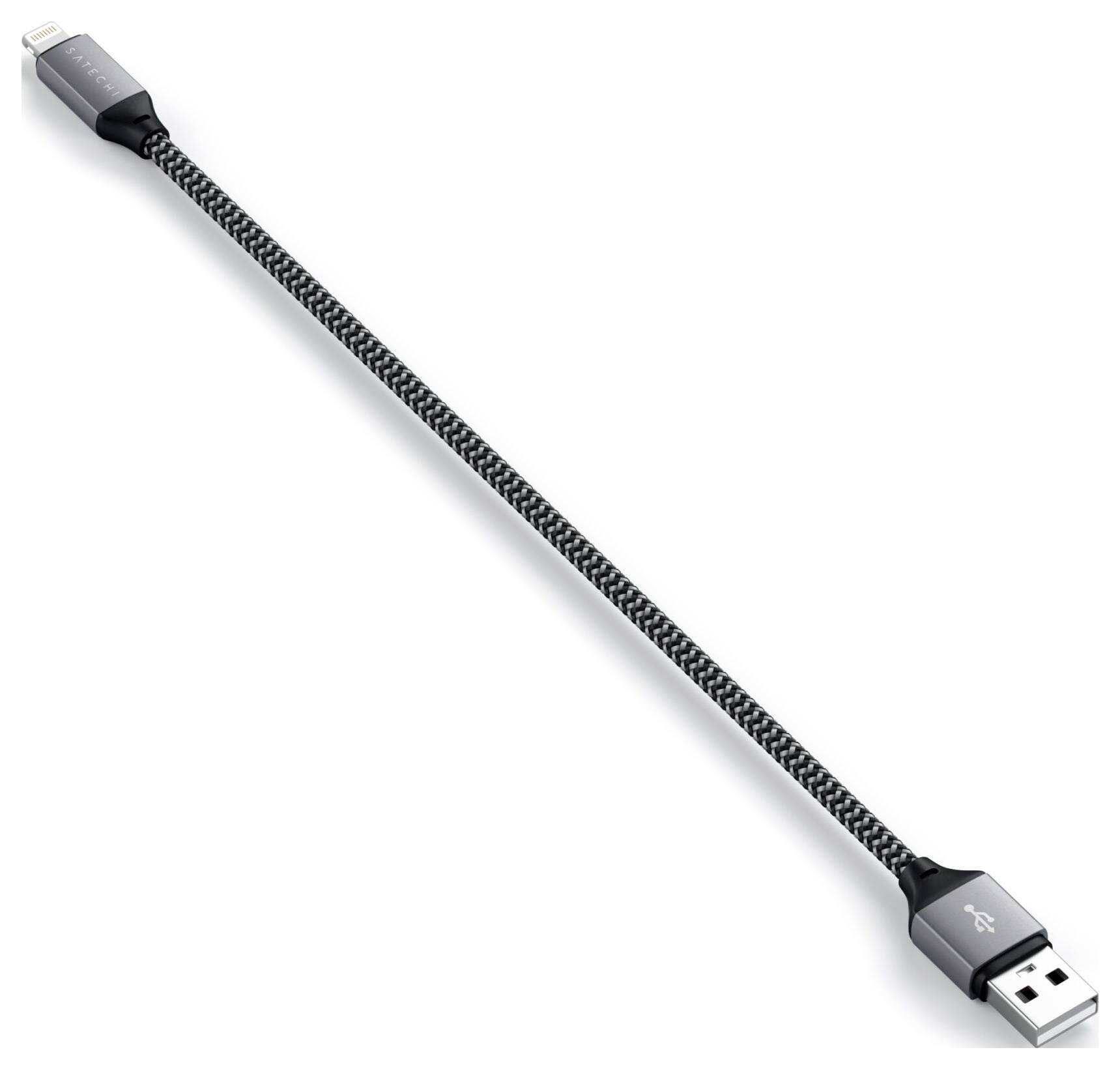 Ein geflochtenes, schwarz-graues USB-Kabel mit einem USB-Anschluss auf der einen und einem Lightning-Anschluss auf der anderen Seite.