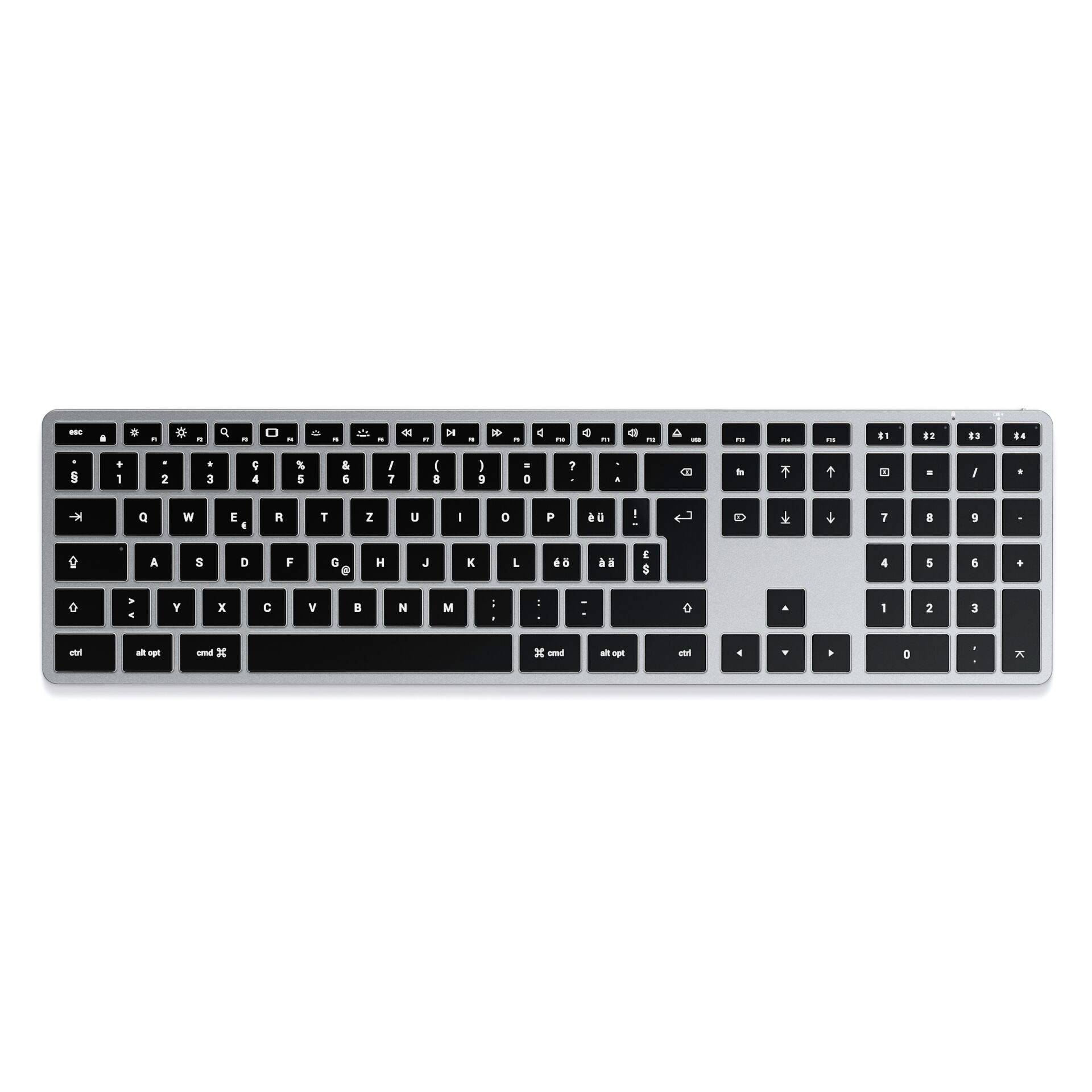 Satechi Slim X3 Bluetooth® Tastatur Schweiz, QWERTZ Anthrazit Multimediatasten, mit numerischer Tastatur, Beleuchtet