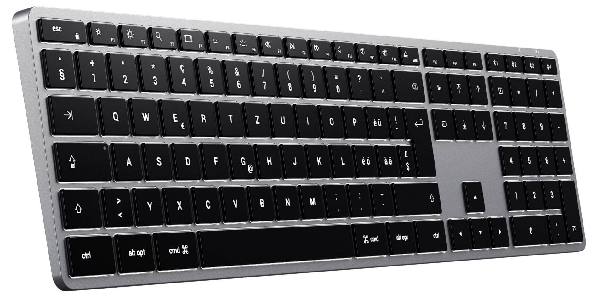 Satechi Slim X3 Bluetooth® Tastatur Schweiz, QWERTZ Anthrazit Multimediatasten, mit numerischer Tastatur, Beleuchtet