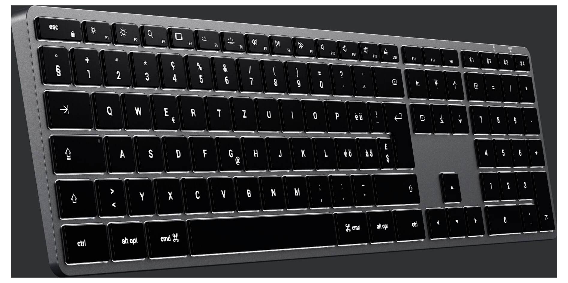 Satechi Slim X3 Bluetooth® Tastatur Schweiz, QWERTZ Anthrazit Multimediatasten, mit numerischer Tastatur, Beleuchtet