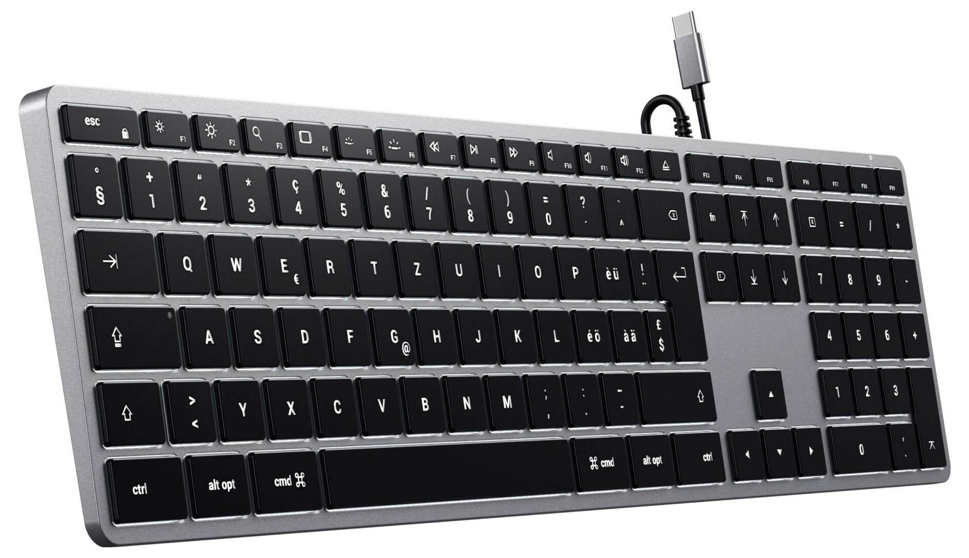 Satechi Slim W3 Kabelgebunden Tastatur Schweiz, QWERTZ Anthrazit Multimediatasten, mit numerischer Tastatur, Beleuchtet
