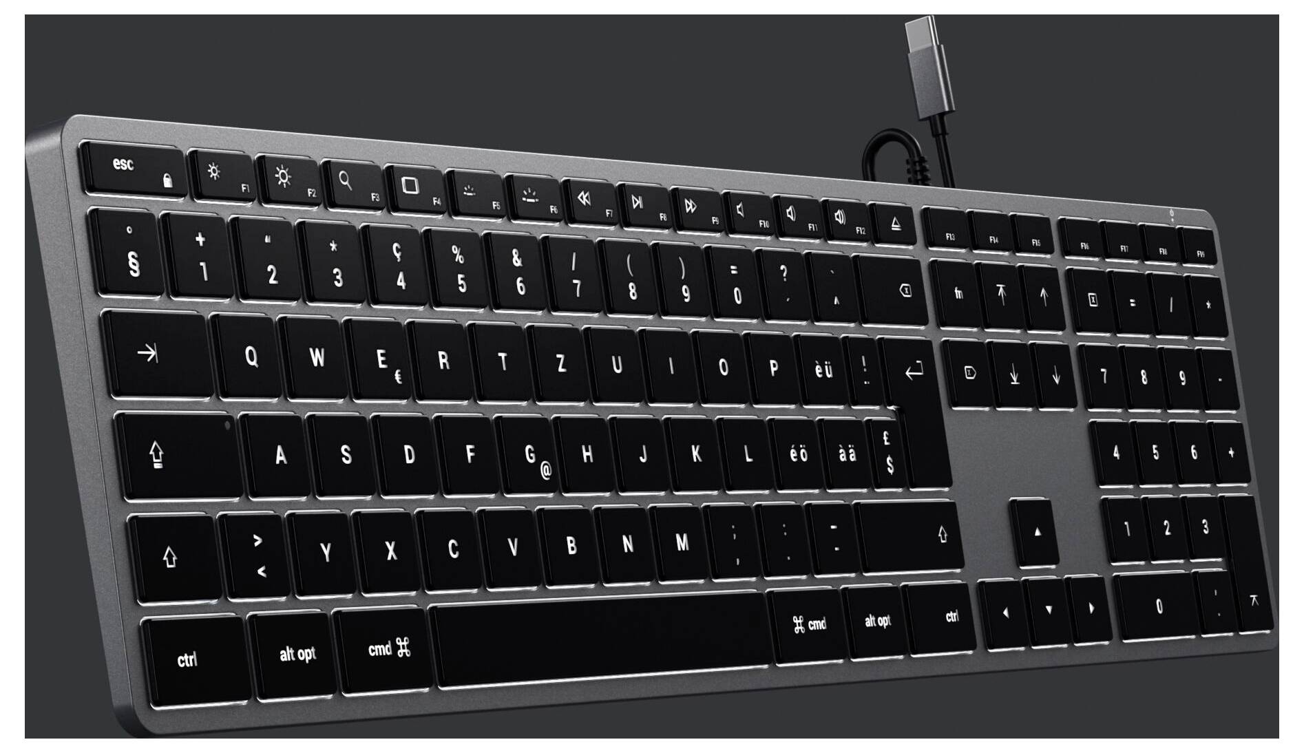 Satechi Slim W3 Kabelgebunden Tastatur Schweiz, QWERTZ Anthrazit Multimediatasten, mit numerischer Tastatur, Beleuchtet