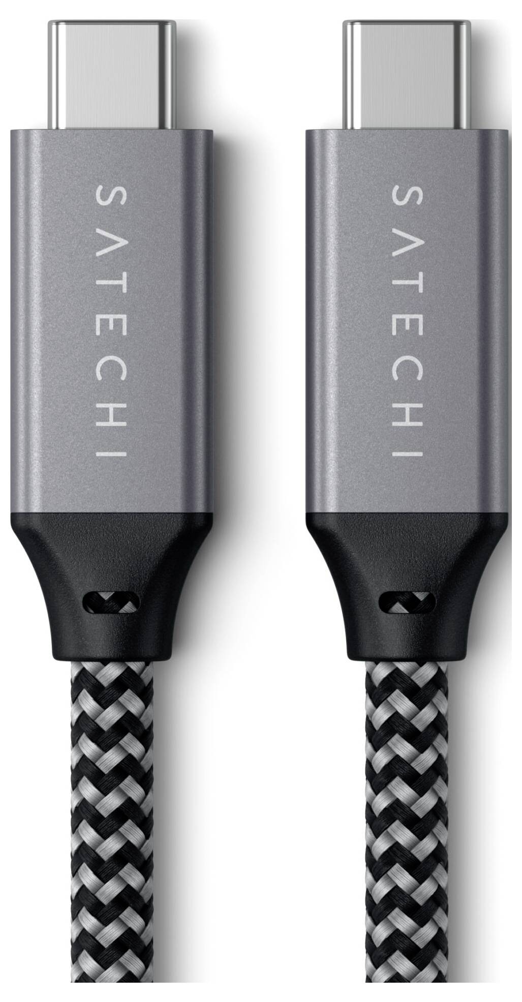 Zwei graue USB-C-Kabel mit Aufschrift 'Satechi', geflochtener schwarz-weißer Kabelmantel, nebeneinander liegend.