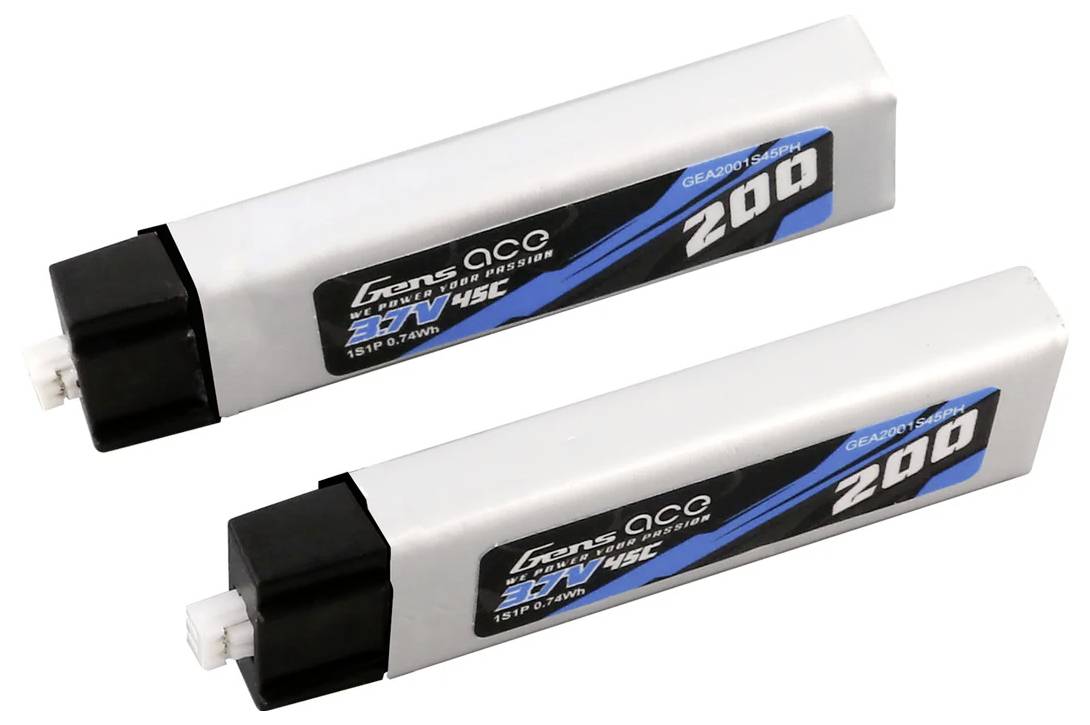 Zwei längliche, silberne Batterien mit blauer Beschriftung und schwarzem Abschnitt am Ende.