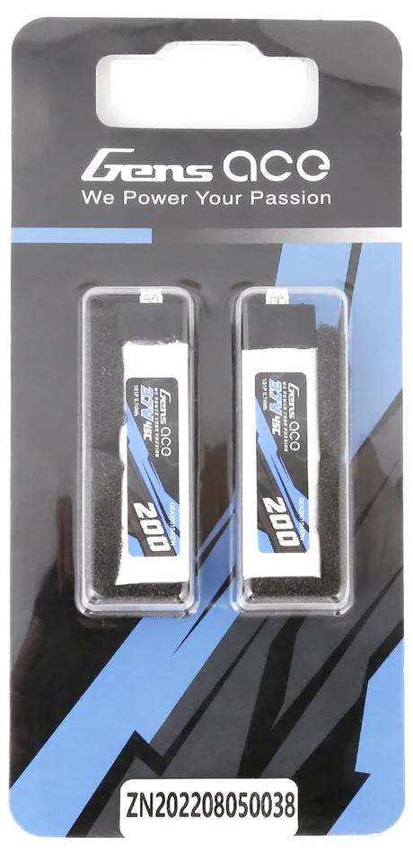 Zwei Gens Ace LiPo-Akkus in Blisterverpackung, jeweils mit einer Kapazität von 200mAh, auf schwarzem und blauem Hintergrund.