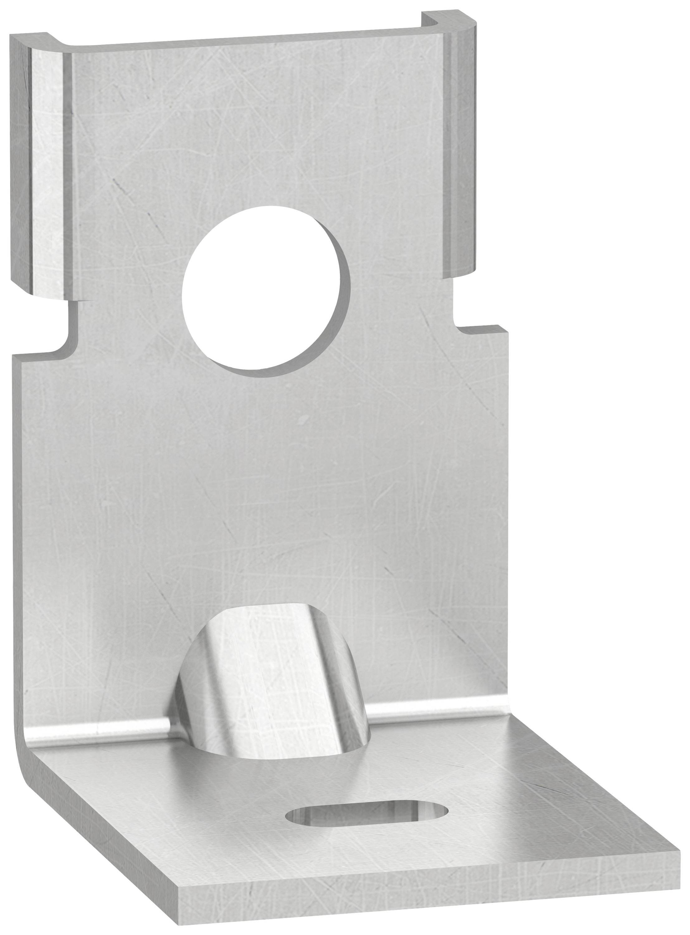 Metallische Halterung mit abgewinkeltem Flansch und zwei Löchern für Schraubbefestigungen.