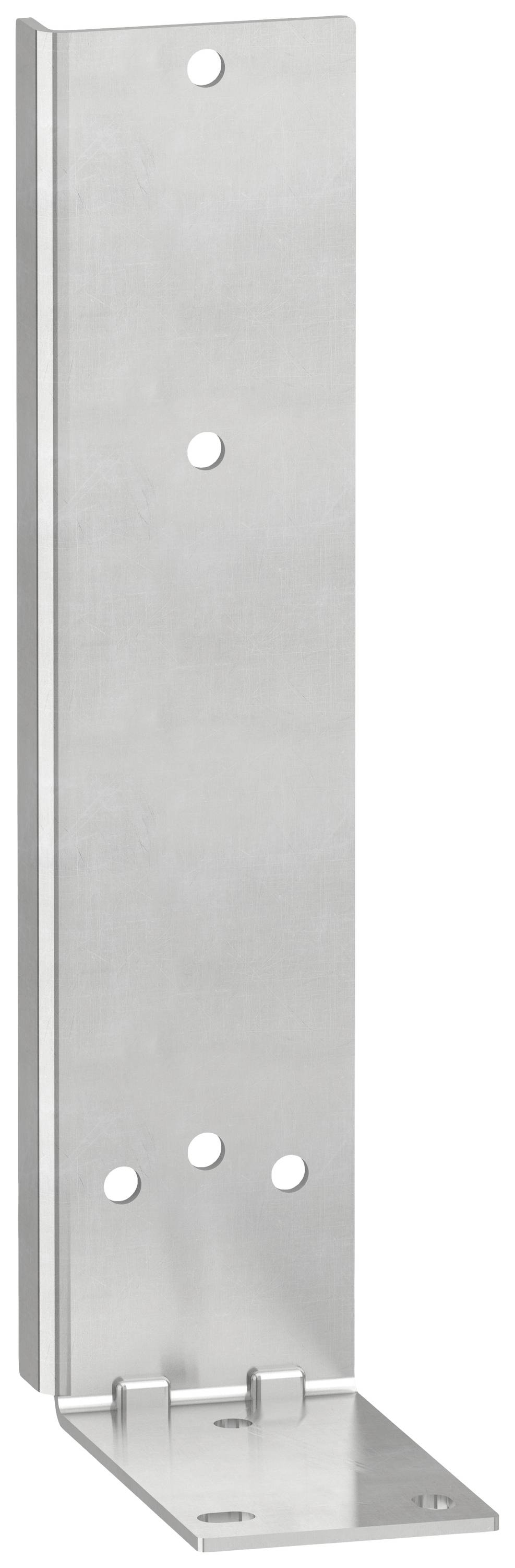 Metallwinkel mit mehreren Schraublöchern, genutzt zur Verstärkung oder Verbindung von Bauteilen in Baukonstruktionen.