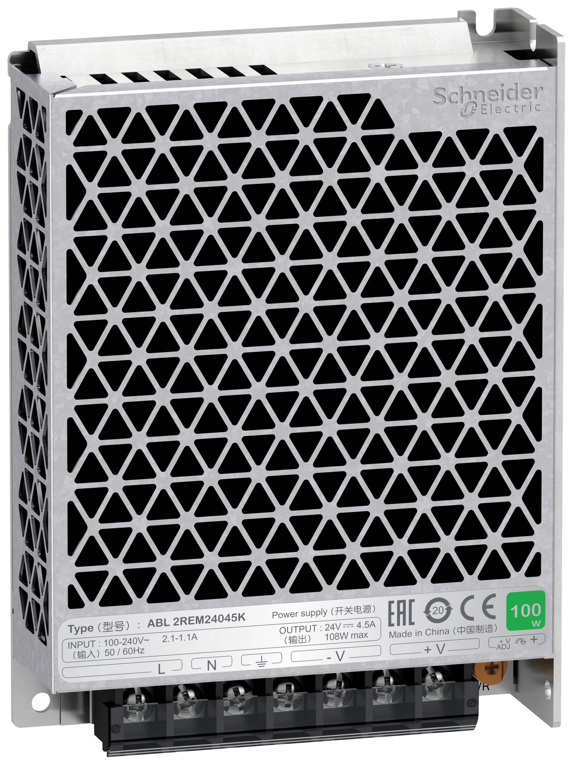 Ein Schaltnetzteil von Schneider Electric mit Lüftungsgitter, Modell ABL 2REM24045K, zeigt Ein- und Ausgangsdaten auf der Vorderseite.