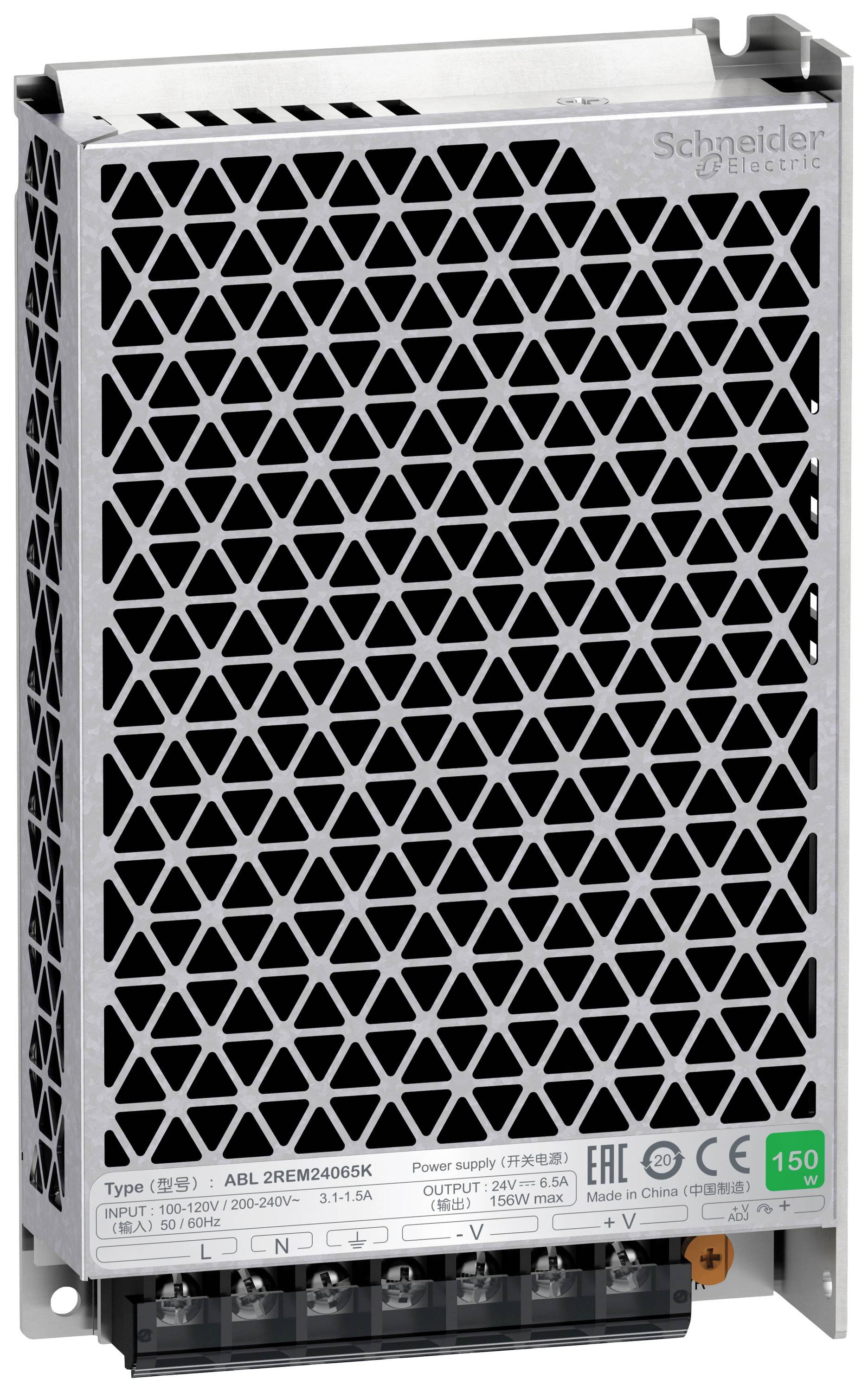 Ein silbernes Schaltnetzteil von Schneider Electric mit auffälligem Dreiecksmuster auf der Vorderseite und verschiedenen Anschlüssen unten.