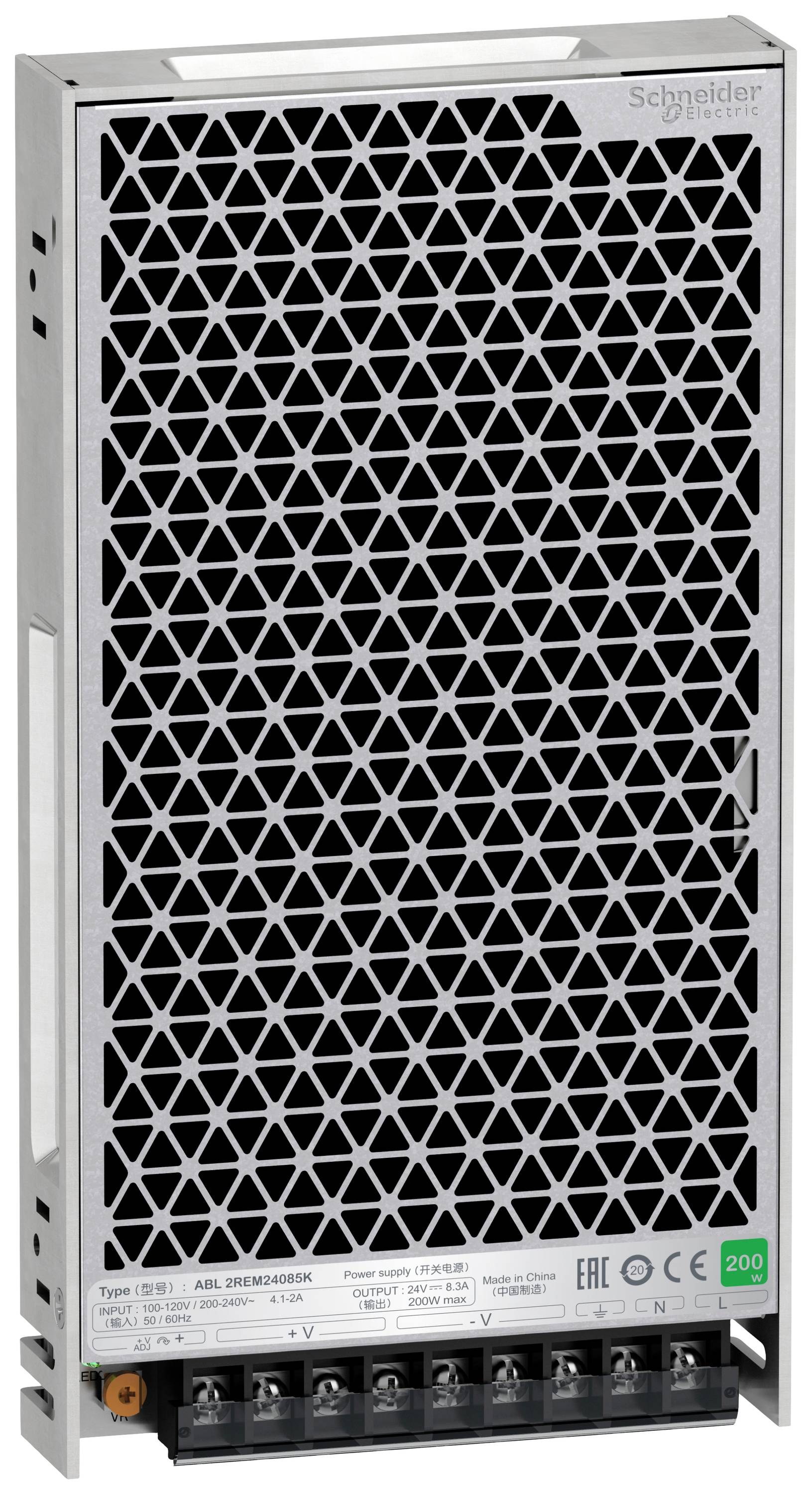 Ein rechteckiges elektrisches Gerät mit Lüftungsgitter vorne, Markenlogo oben rechts, und Anschlüssen unten.