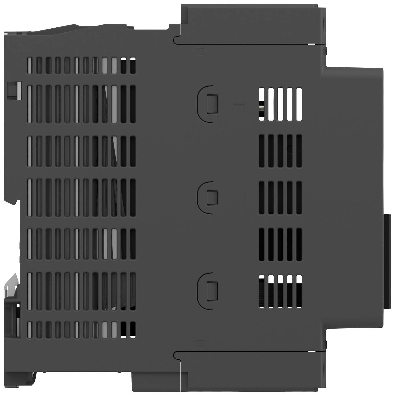 Gehäuse eines elektronischen Geräts von oben gesehen mit Lüftungsschlitzen und mehreren Befestigungspunkten.