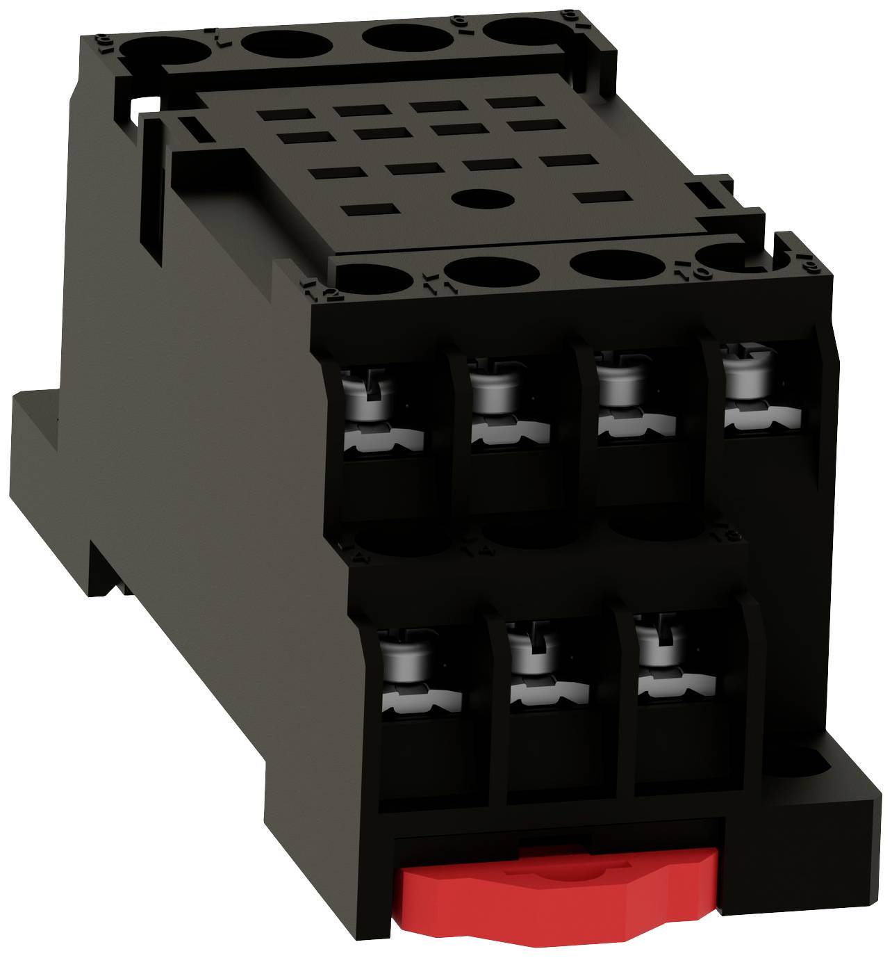 Elektrisches Bauteil, möglicherweise ein Relais, mit schwarzem Gehäuse und rotem Schalter an der Unterseite, präsentiert auf weißem Hintergrund.