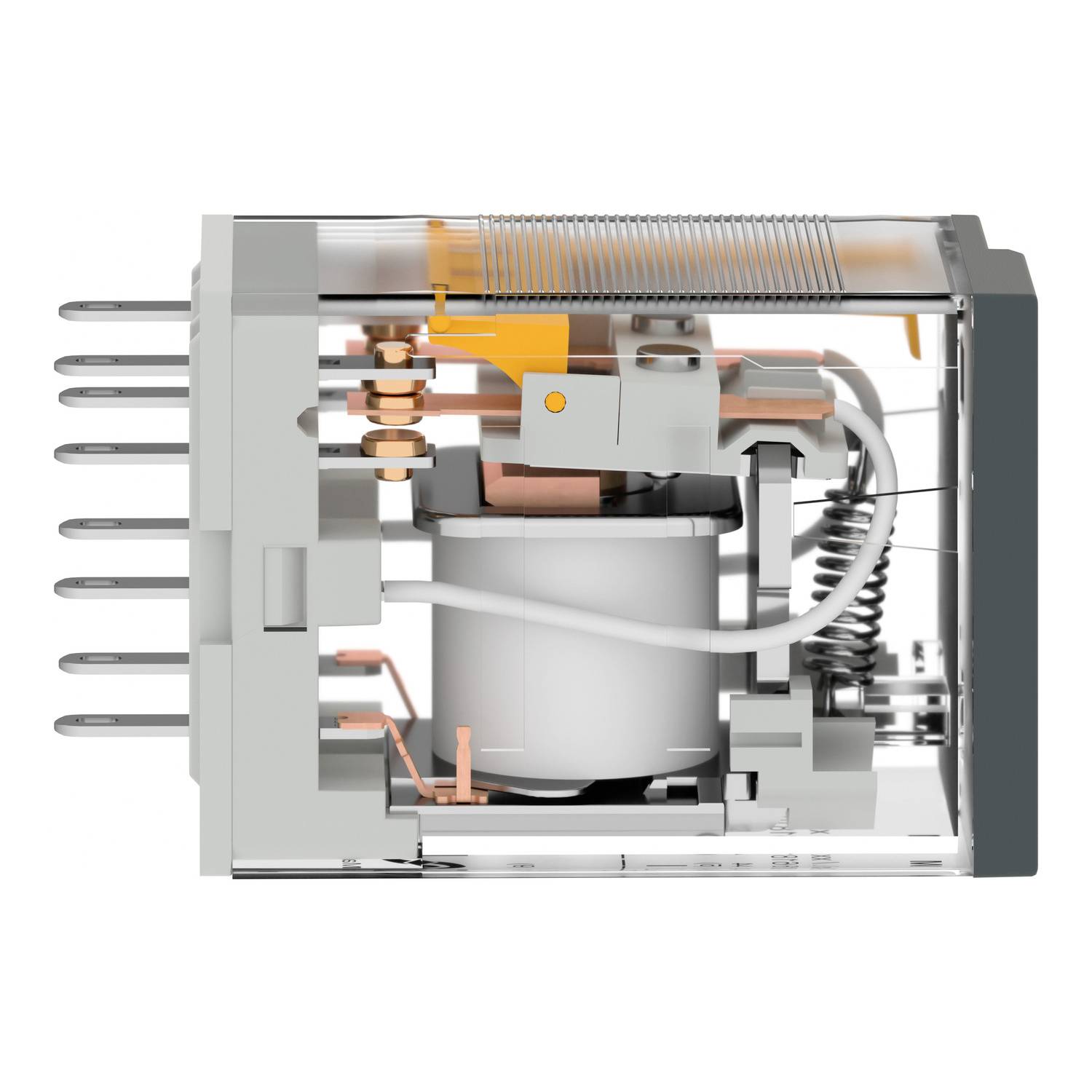 Querschnitt eines elektrischen Relais mit Spulen, Kontakten und Federn, die den Mechanismus zur Steuerung elektrischer Schaltungen zeigen.