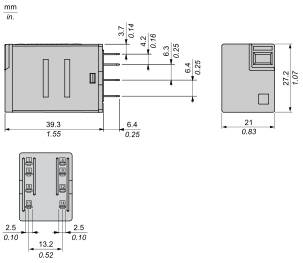 Ein technisches Schema zeigt verschiedene Ansichten eines elektrischen Bauteils mit Anschlusspins, Gehäuse und Steckverbindungen.