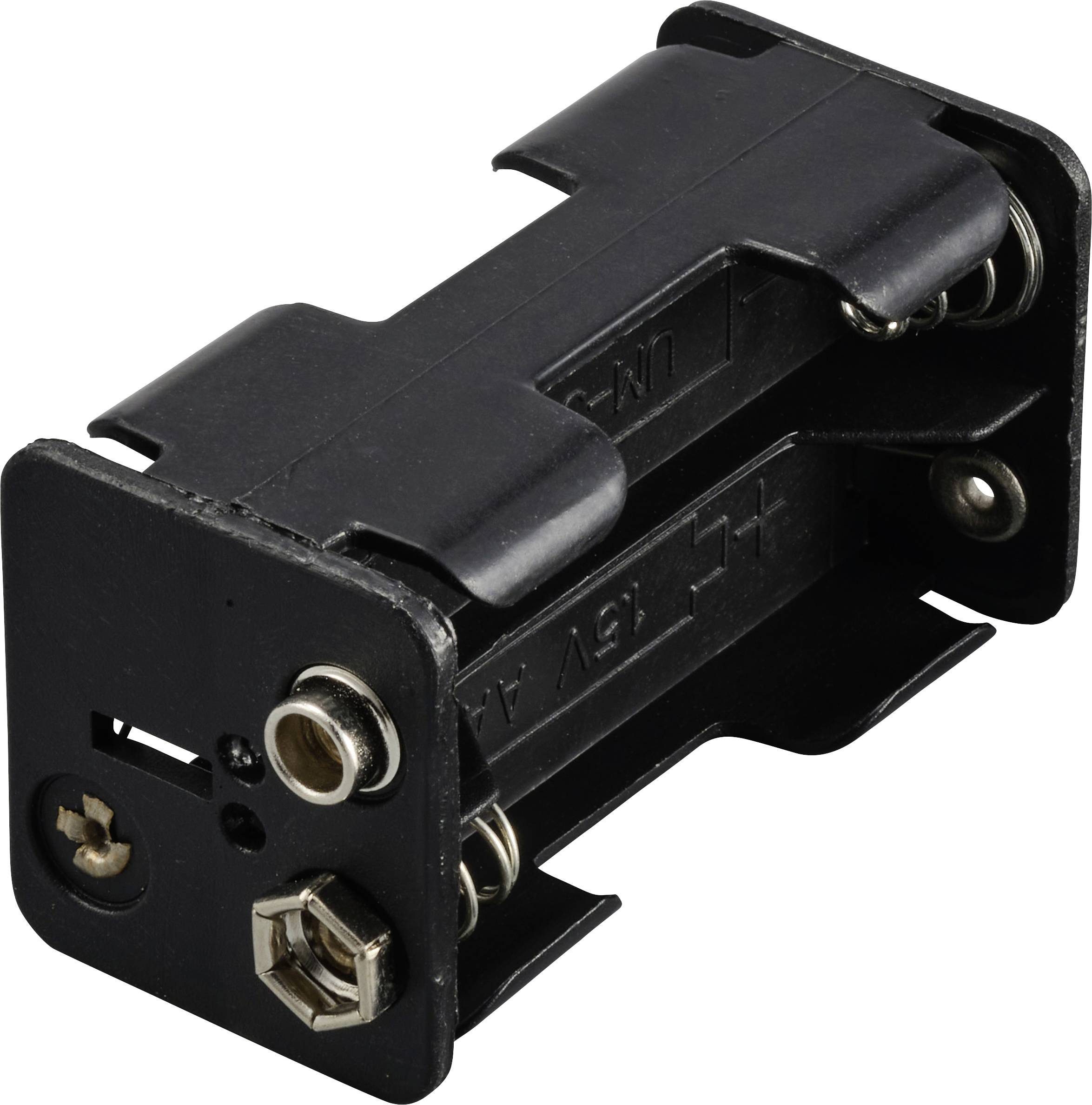 Schwarzer Batteriefachhalter für zwei AA-Zellen, zeigt Kontakte und Federmechanismus für sichere Befestigung.