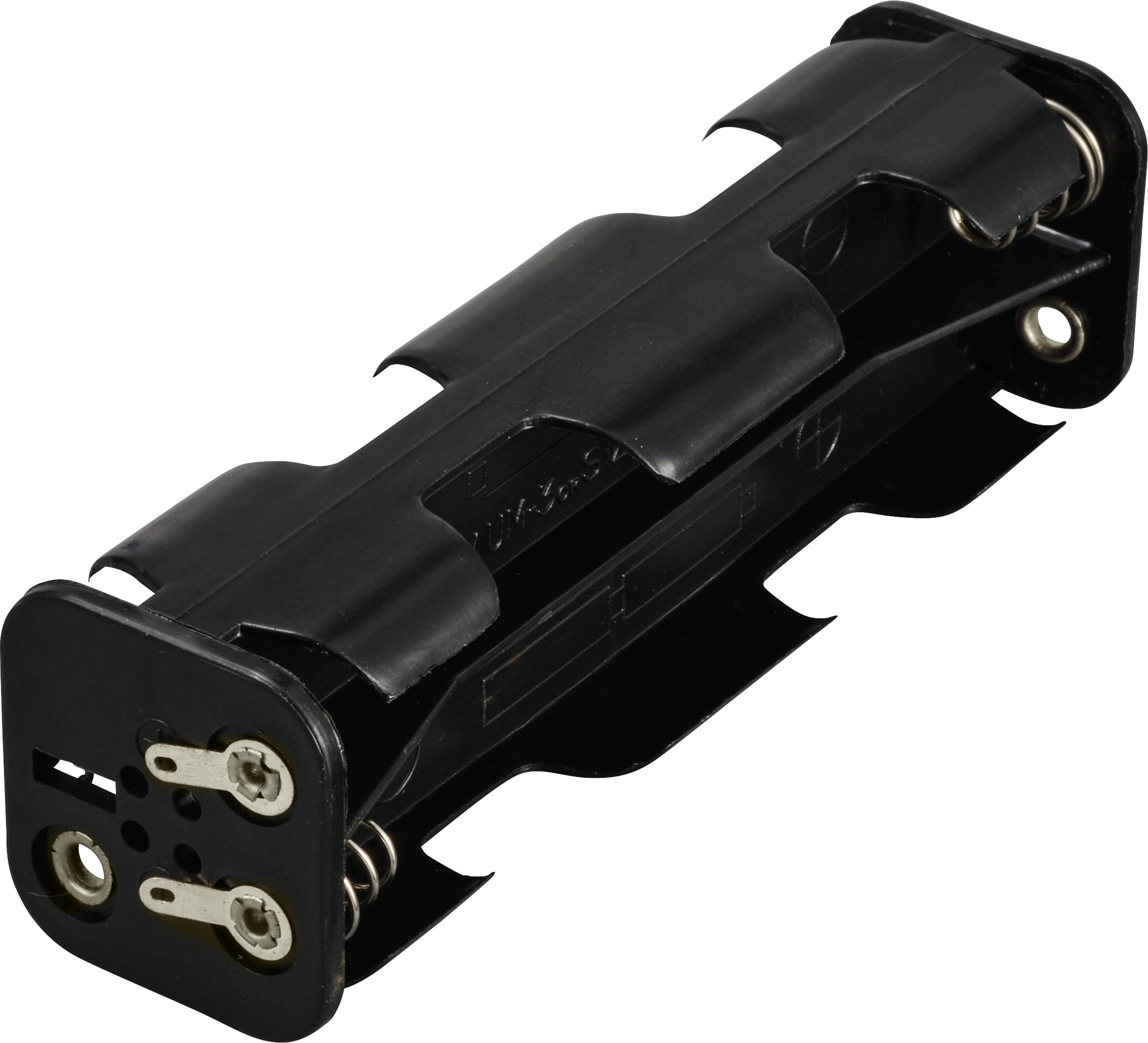Schwarzer Batteriefachhalter aus Kunststoff zur Aufnahme von zwei parallel angeordneten Batterien, geeignet für Elektronikprojekte.
