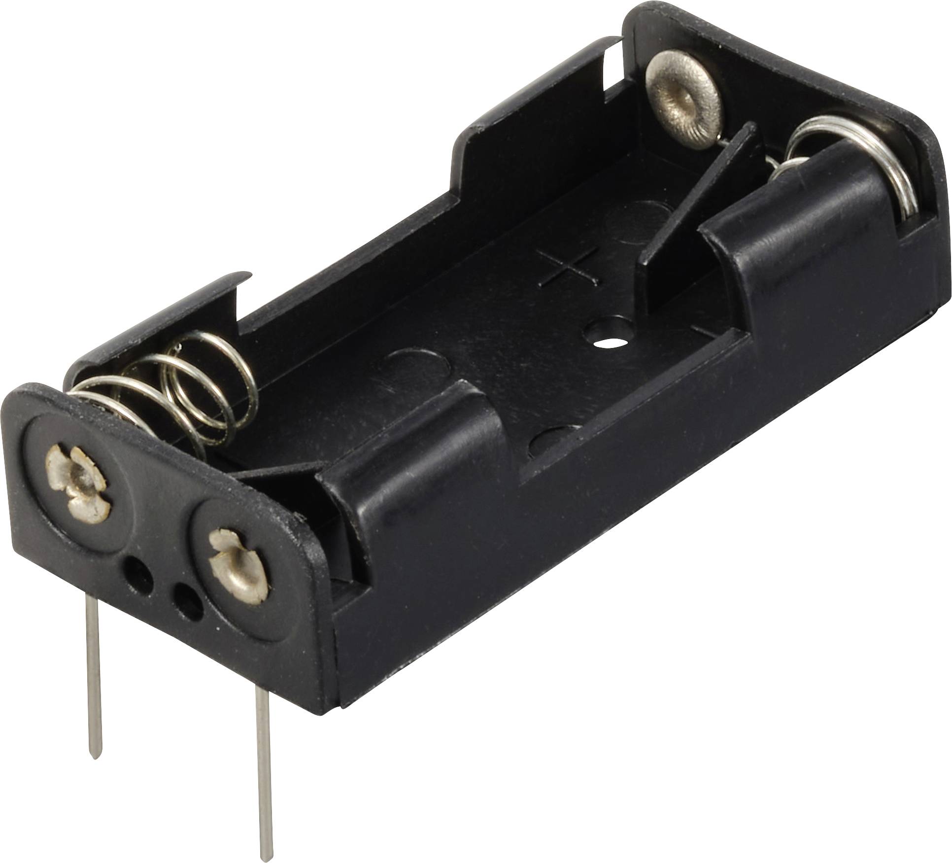 Ein schwarzer Batteriehalter für zwei AA-Batterien mit Metallschrauben an den Enden und Befestigungsstiften unten.