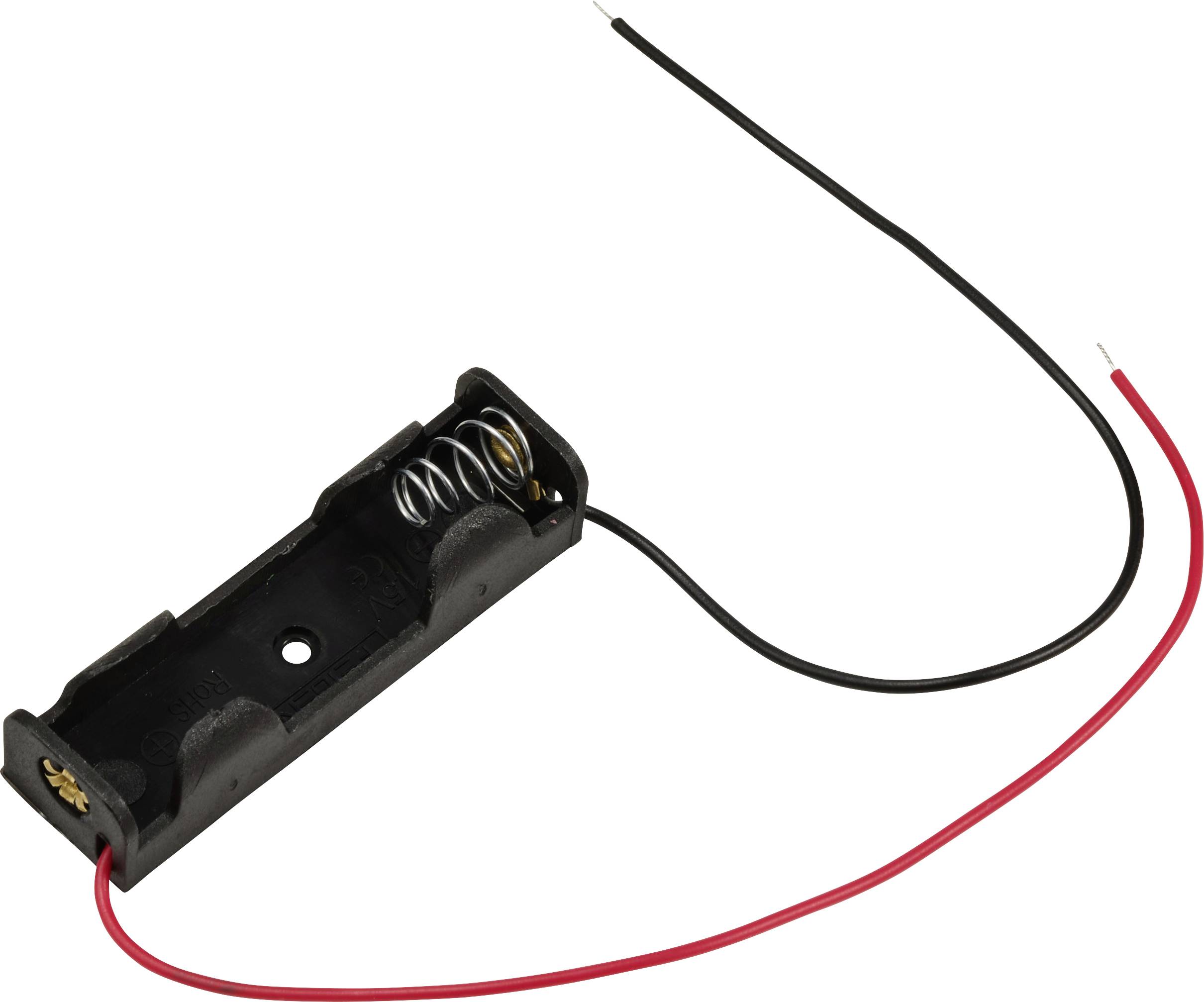 Batteriehalter aus Kunststoff mit zwei Drähten, einer rot und einer schwarz, für die Verkabelung.
